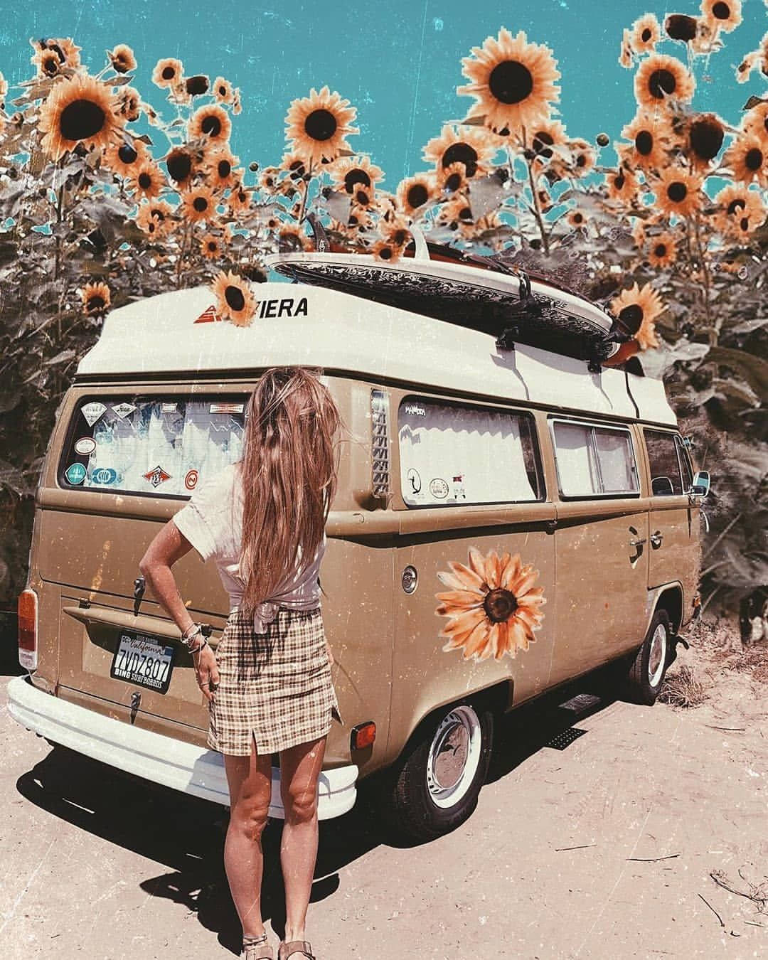 Aesthetic Boho, sunflower van, vintage beige van, HD Phone Wallpaper