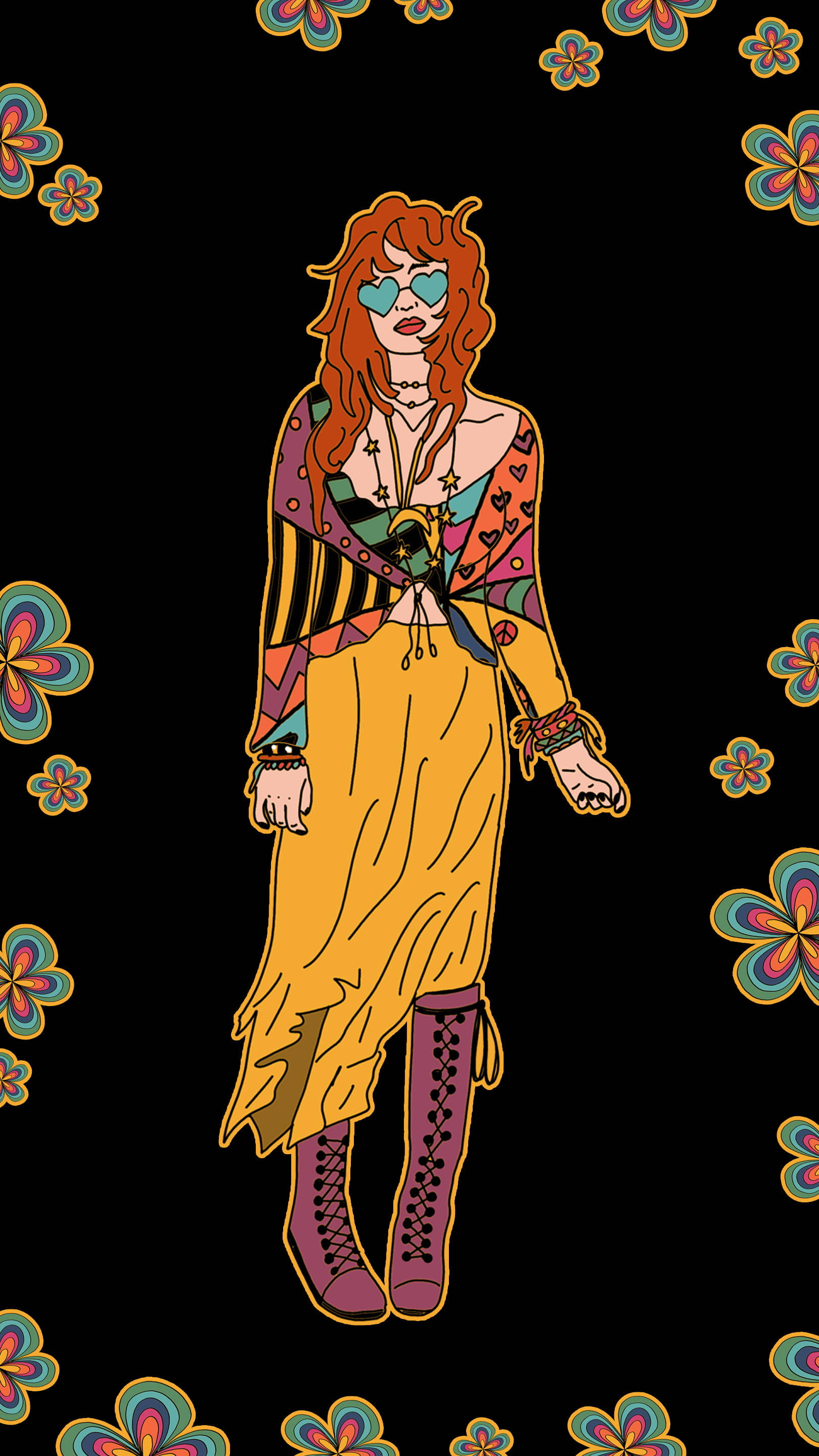 red hair, heart-shaped sunglasses, colorful psychedelic floral pattern, 2K Phone Wallpaper
