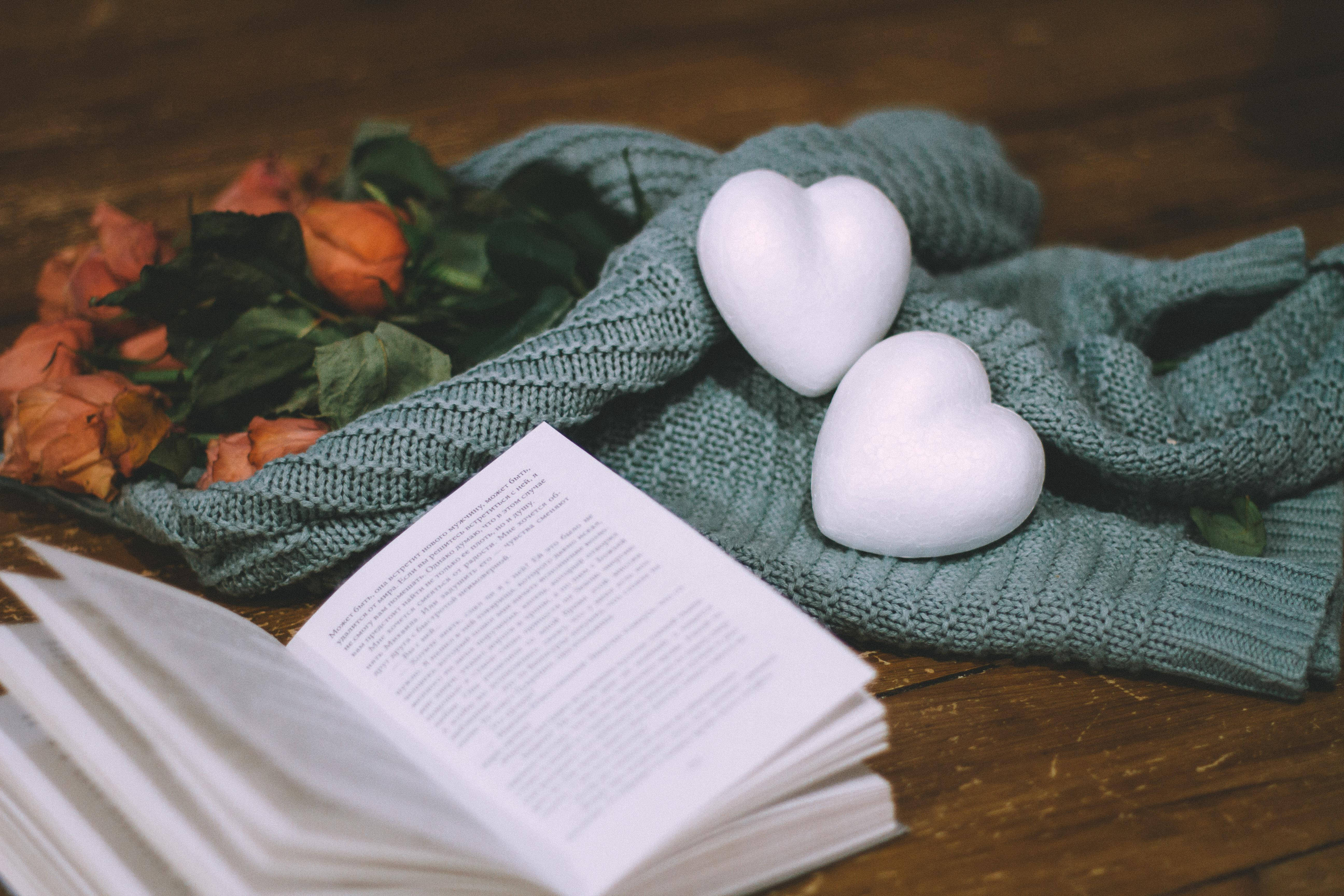 cozy aesthetic book desktop, teal knit blanket, wooden surface, 5K Desktop Wallpaper