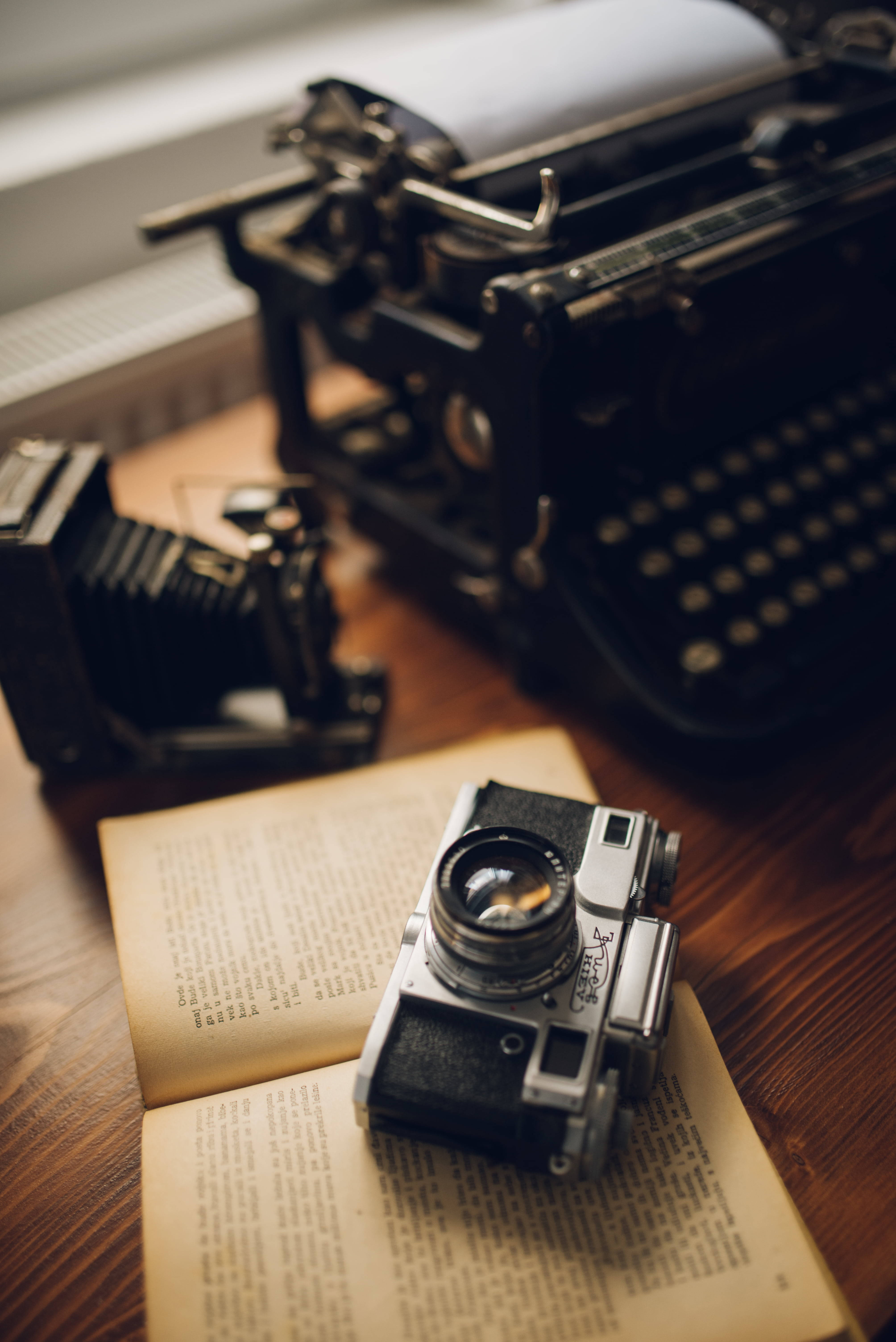 Vintage camera, Open book, Old typewriter, 5K Phone Wallpaper