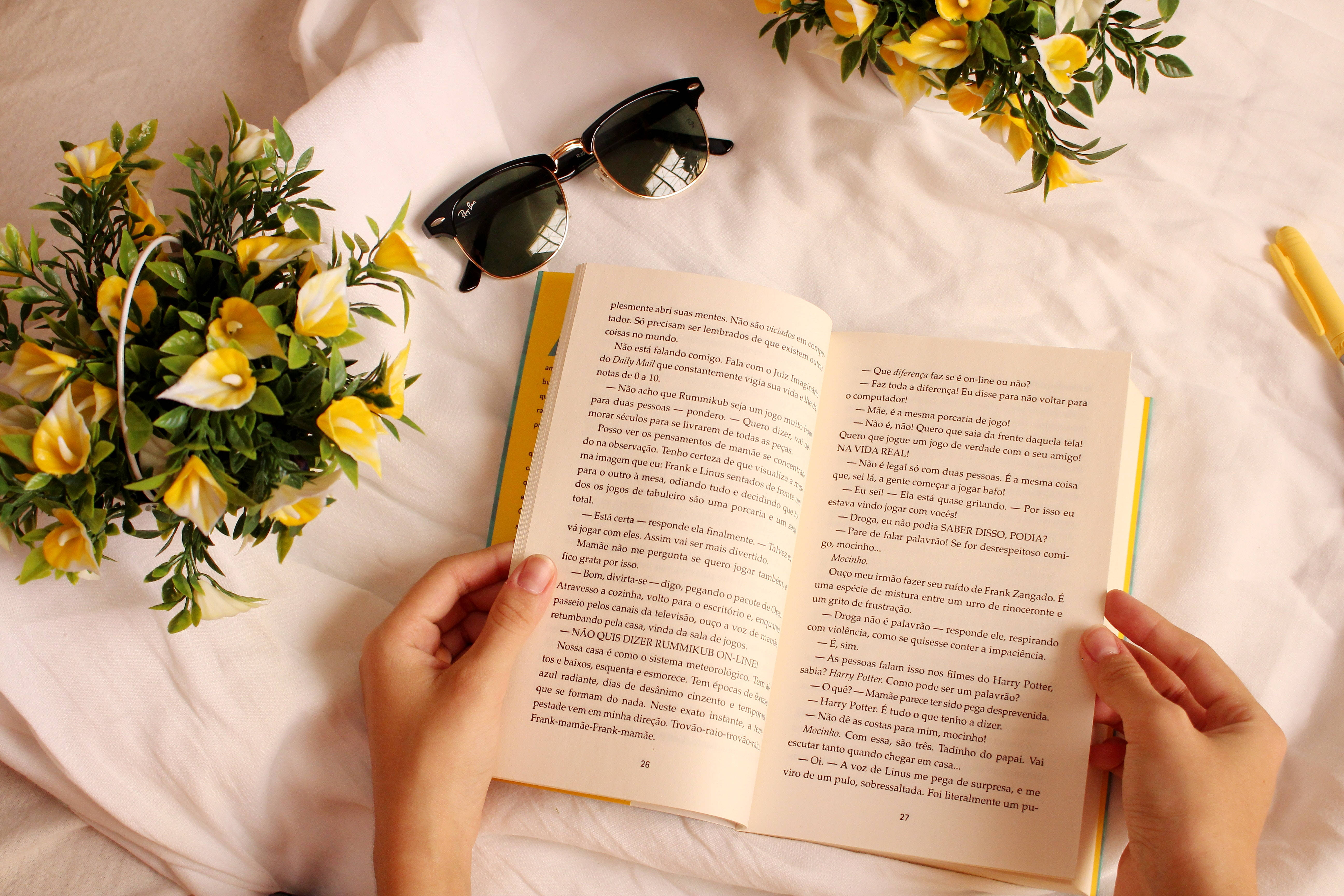 yellow flowers, open book, sunglasses, 5K Desktop Wallpaper