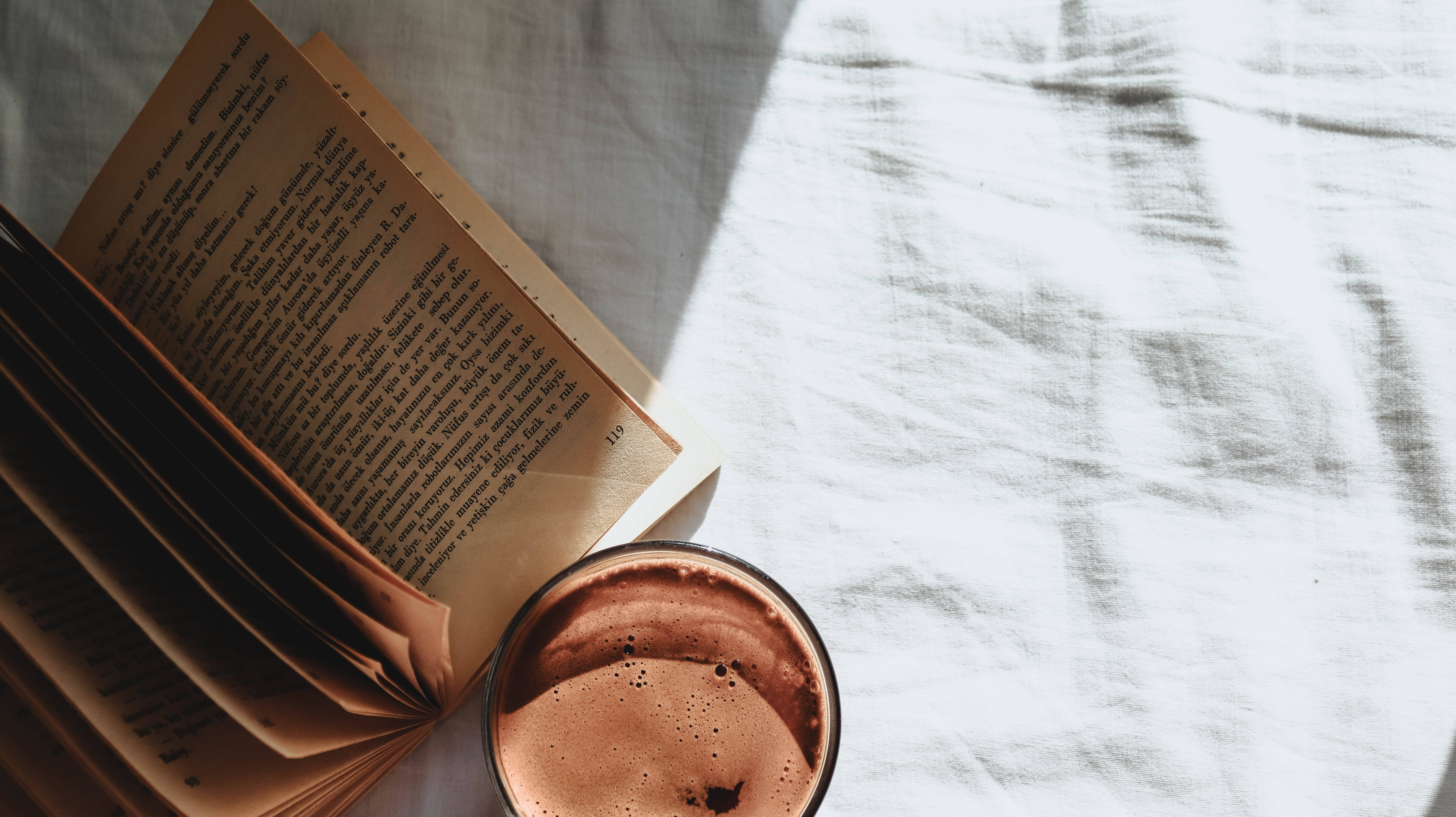 hot chocolate, open book, cup of cocoa, 5K Desktop Wallpaper