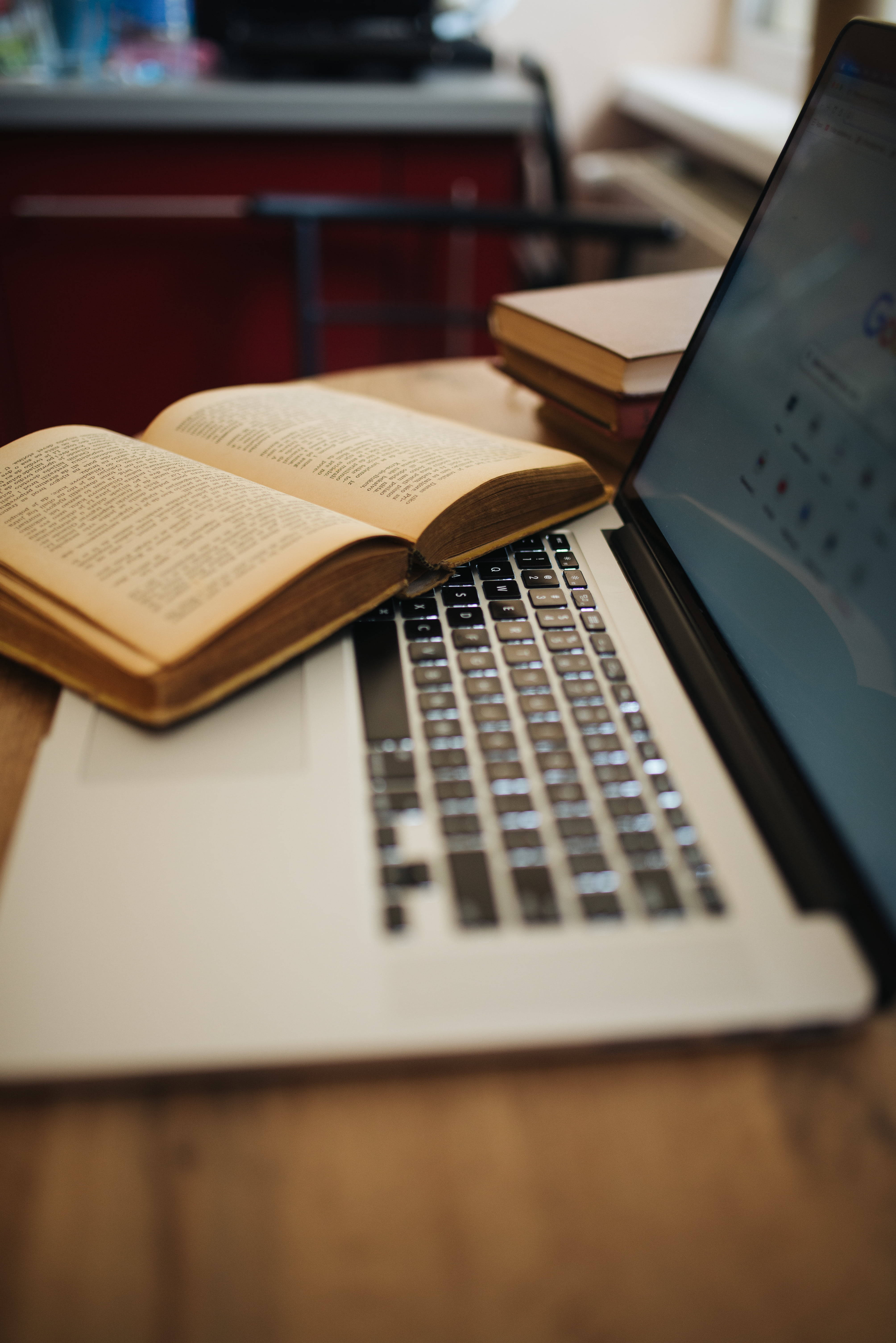 wooden desk, laptop, open book, 5K Phone Wallpaper