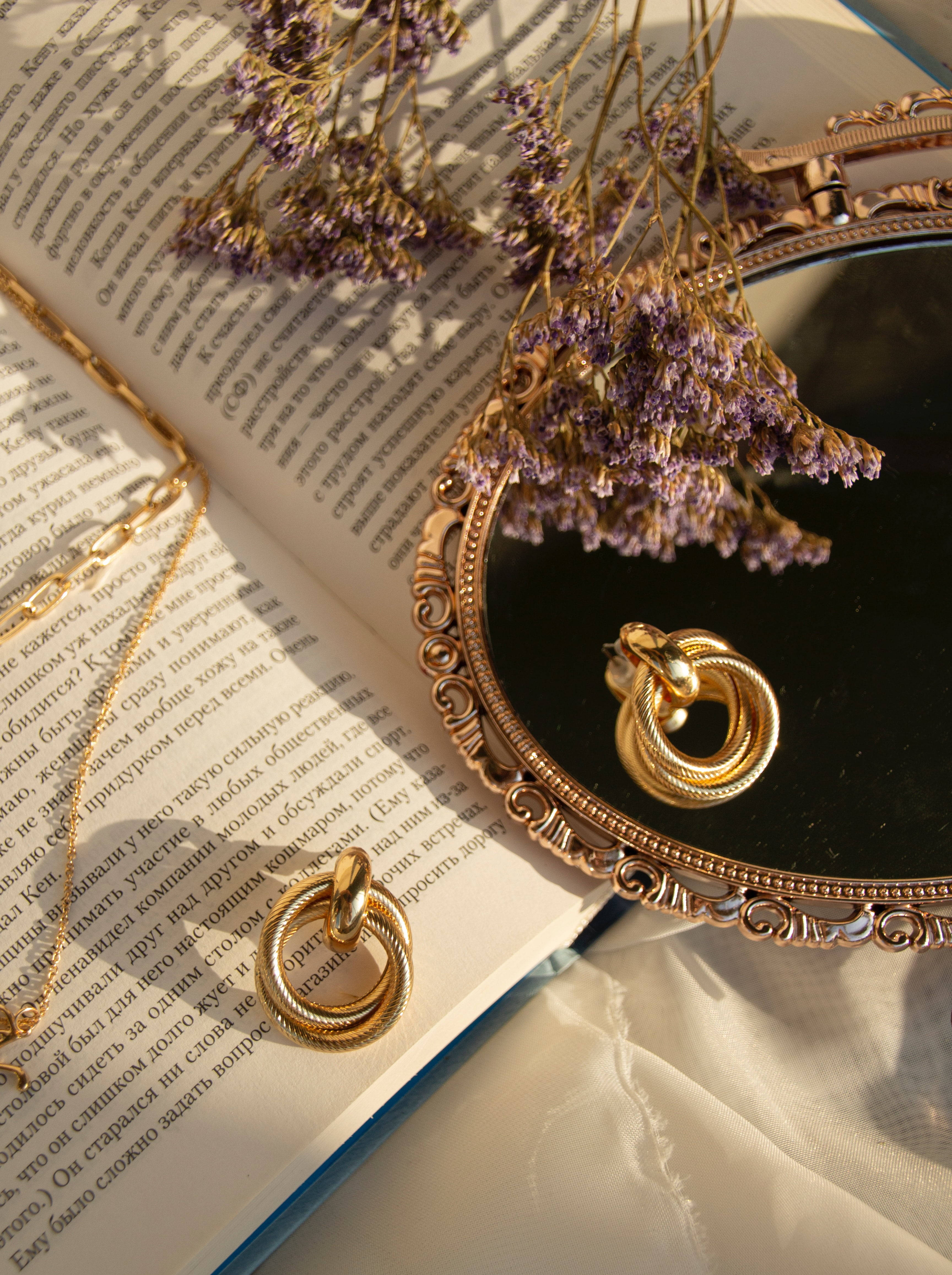 golden jewelry, dried lavender, open book, 4K Phone Wallpaper