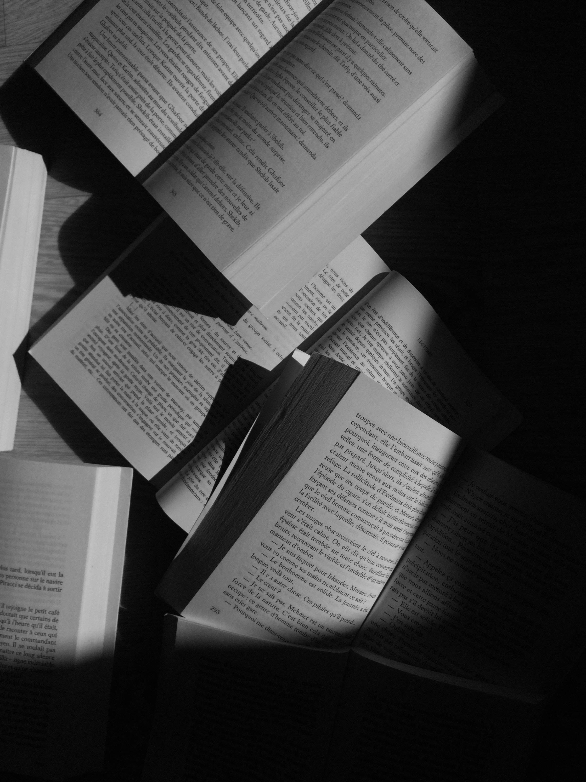 grayscale, aesthetic book desktop, open books, 2K Phone Wallpaper