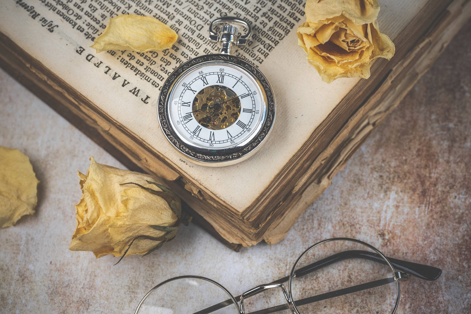 pocket watch, open book, dried yellow roses, Full HD Desktop Wallpaper