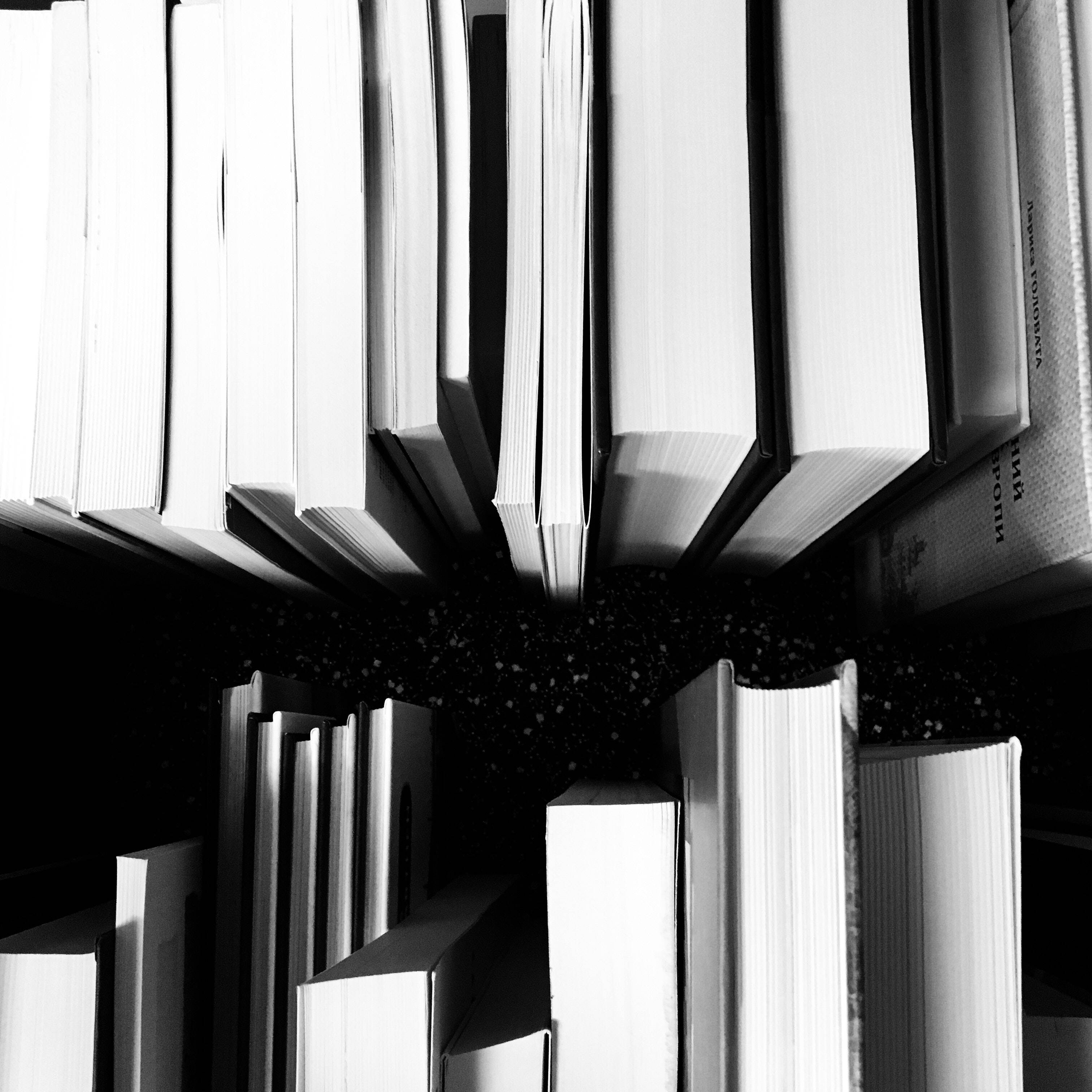 grayscale, top view, books, 2K Desktop Wallpaper