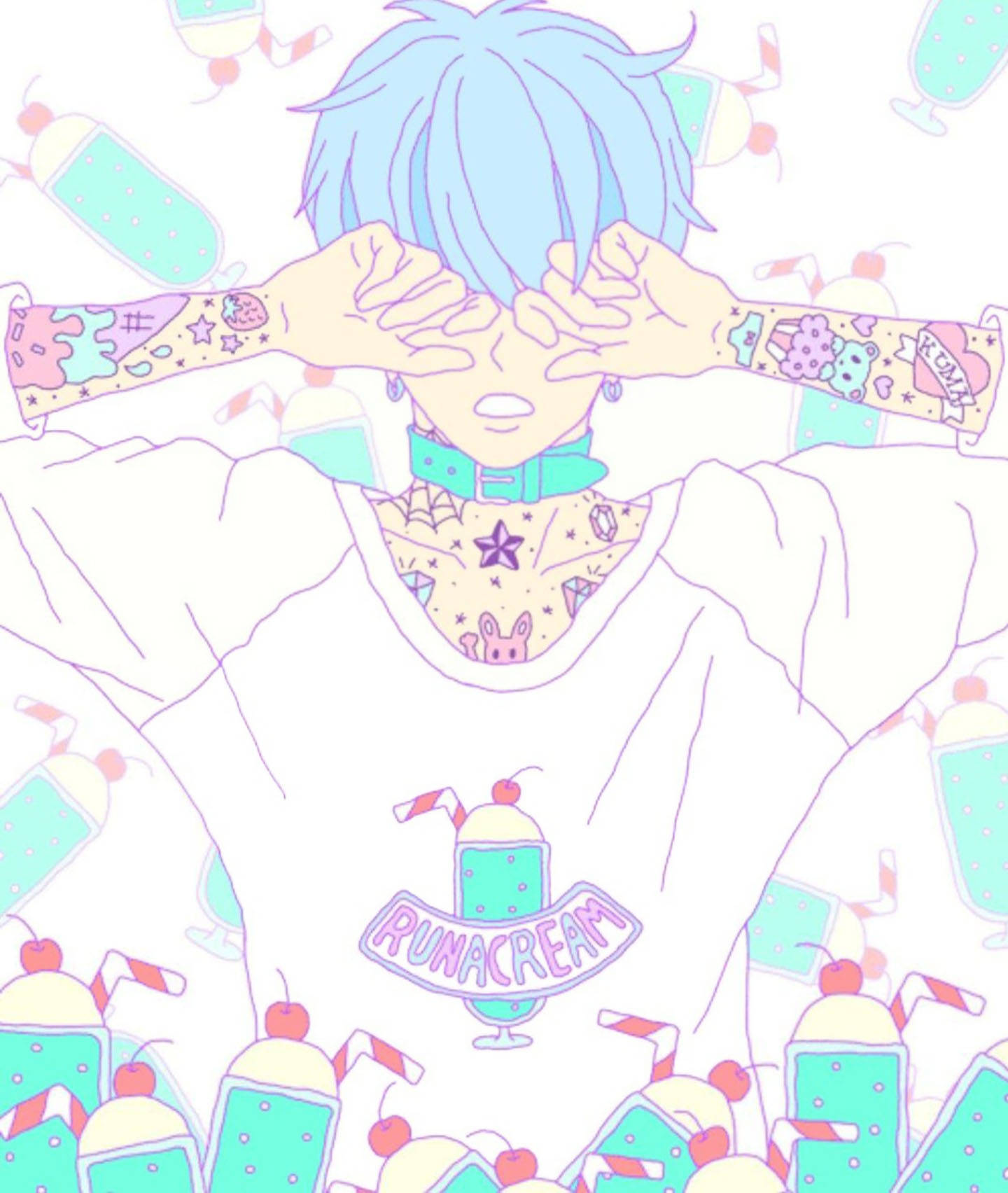 pastel aesthetic boy, blue hair, tattooed arms, HD Phone Wallpaper
