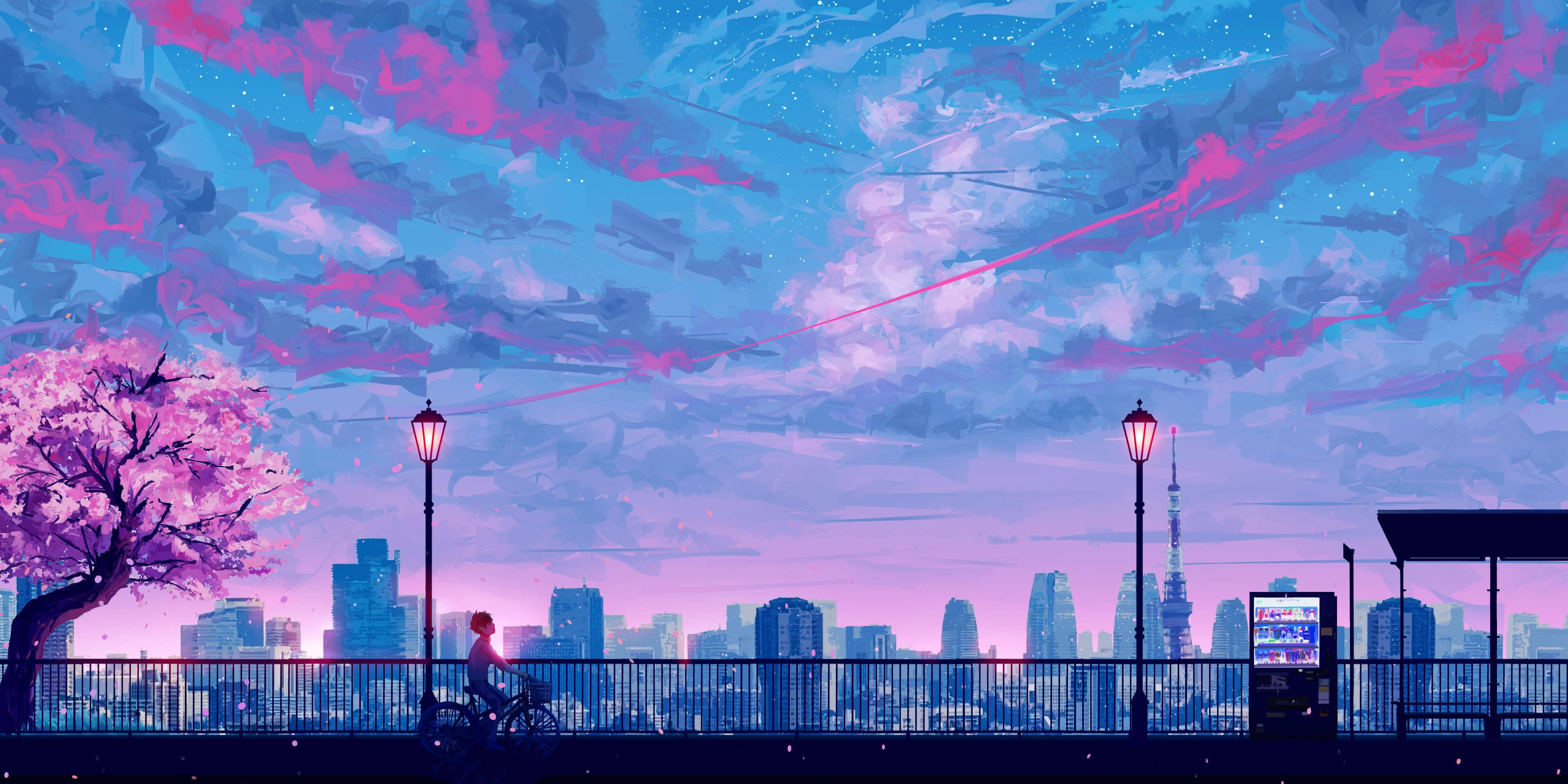 Aesthetic Boy, cherry blossom tree, vibrant pink and blue twilight sky, 4K Desktop Wallpaper