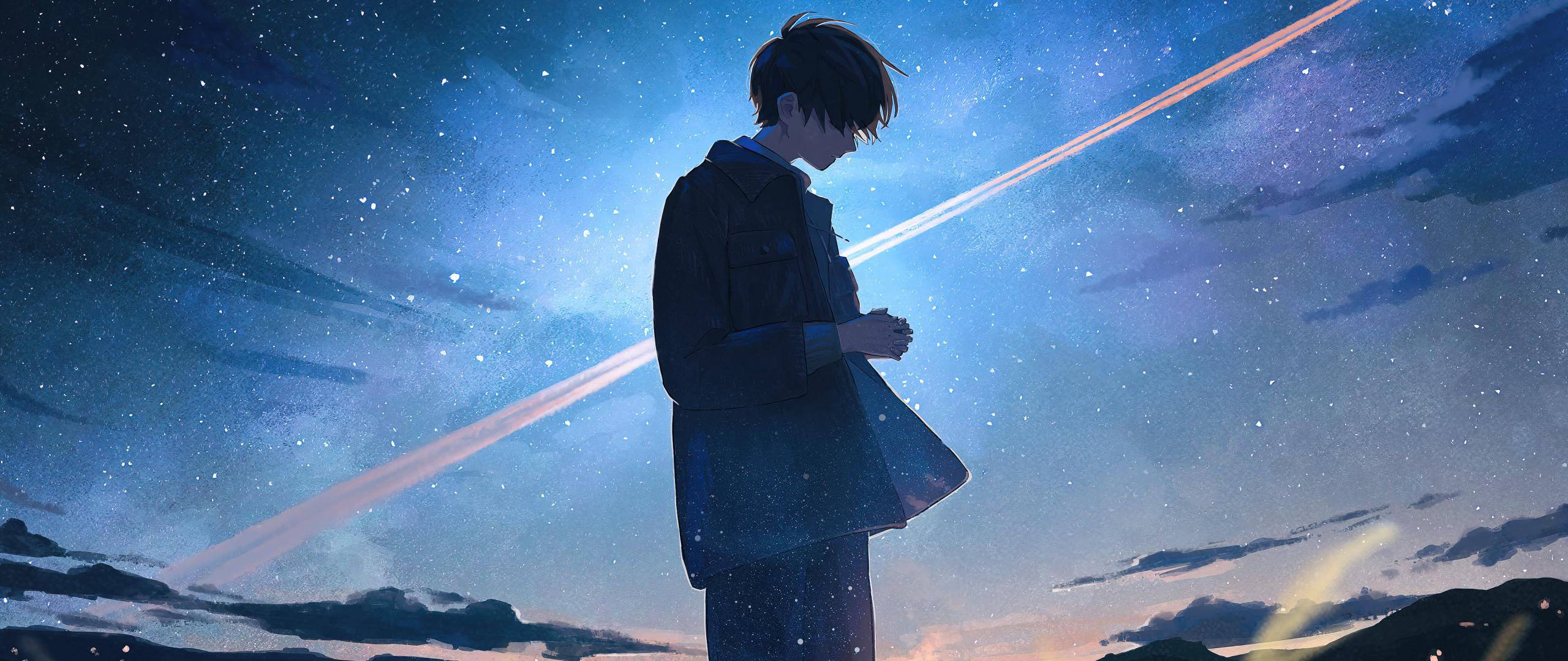 Aesthetic Boy, starry twilight sky, glowing streaks of light, 2K Desktop Wallpaper