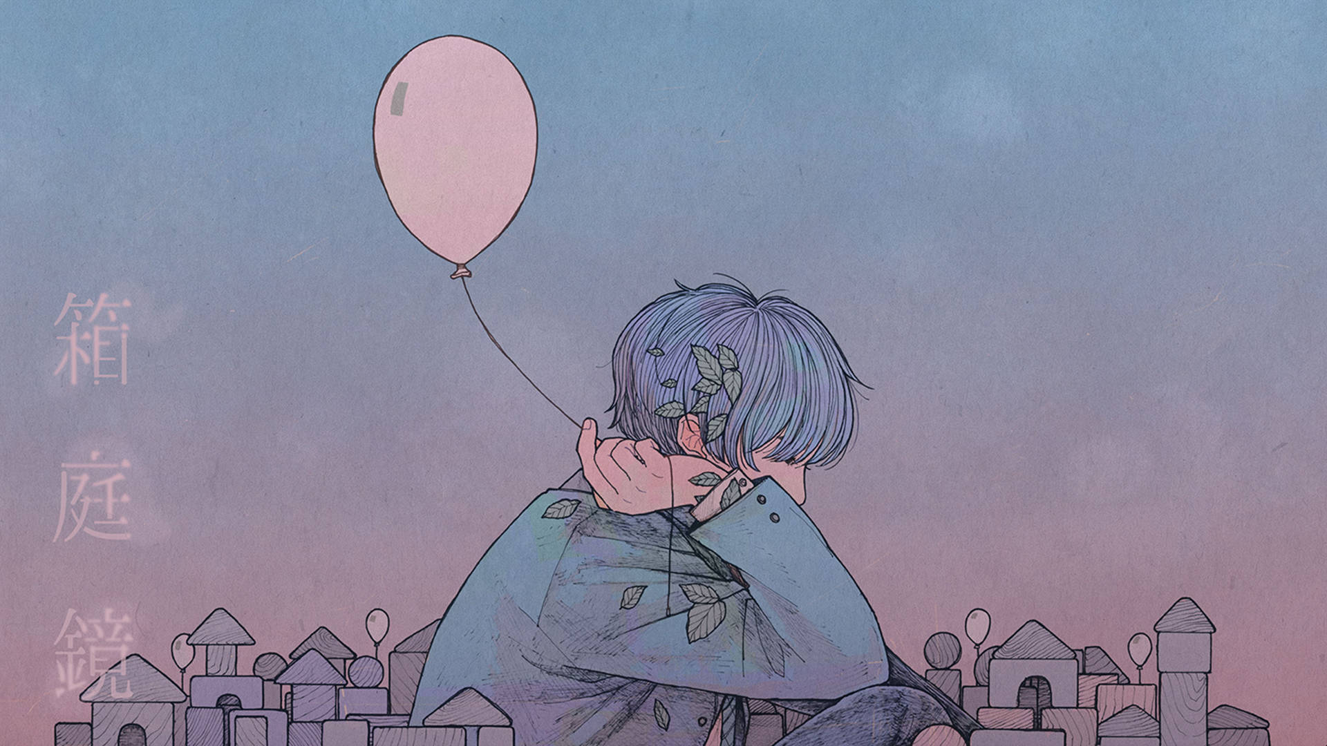 aesthetic boy, blue hair, pink balloon, Full HD Desktop Wallpaper