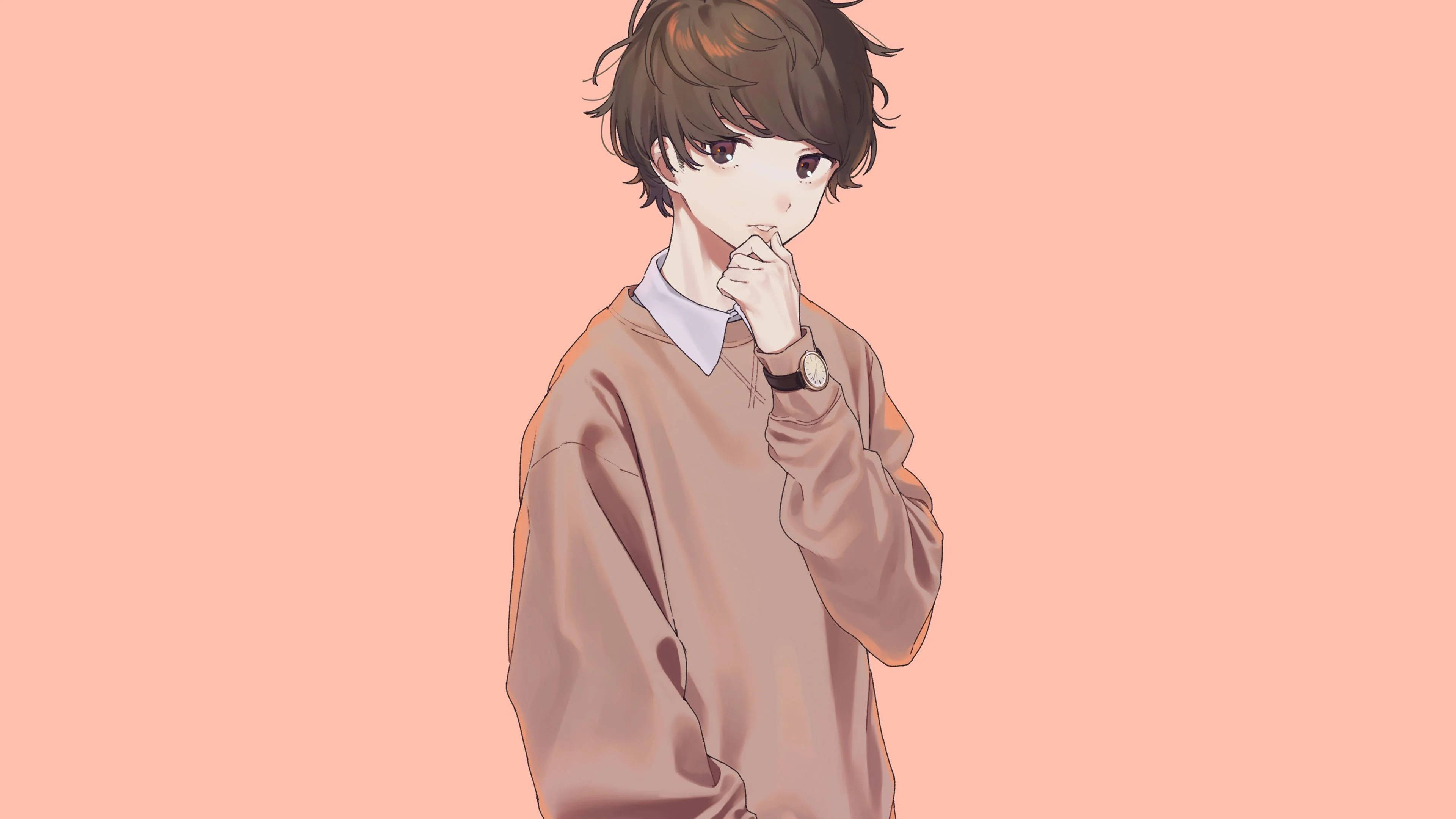cute pink aesthetic boy, anime boy, brown hair, 4K Desktop Wallpaper