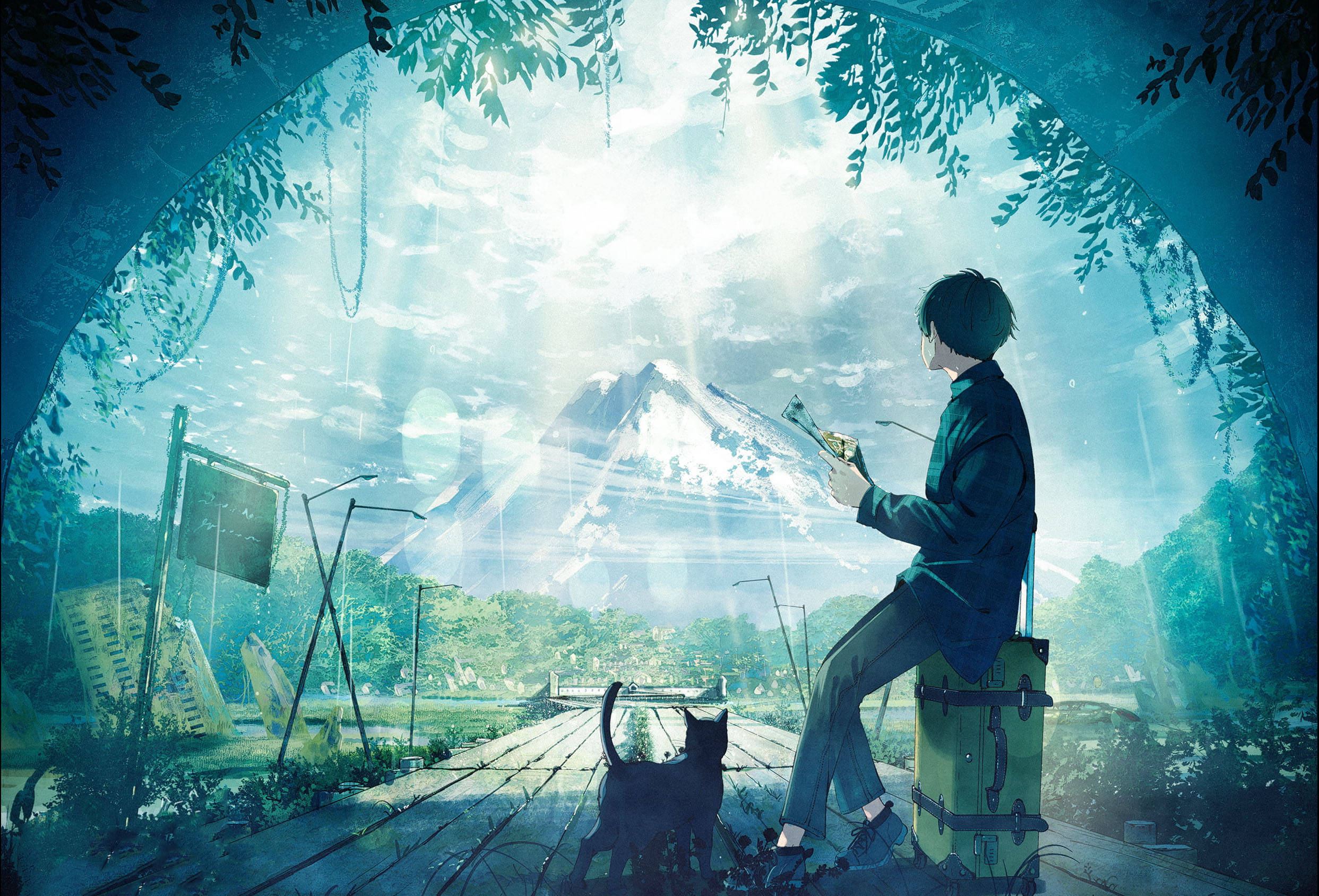 aesthetic boy, black cat, leafy archway, Full HD Desktop Wallpaper