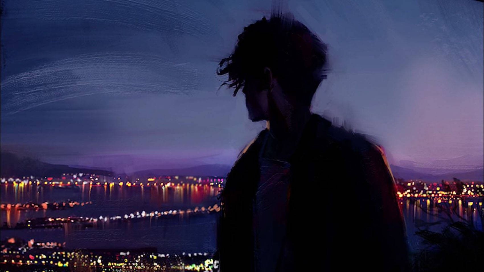 Aesthetic Boy, twilight cityscape, glowing lights, HD Desktop Wallpaper