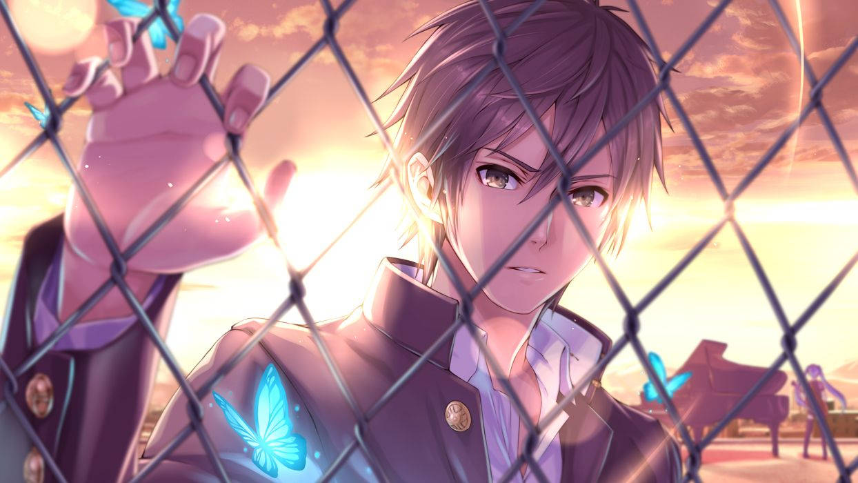 handsome anime boy, school uniform, chain-link fence, SD Desktop Wallpaper