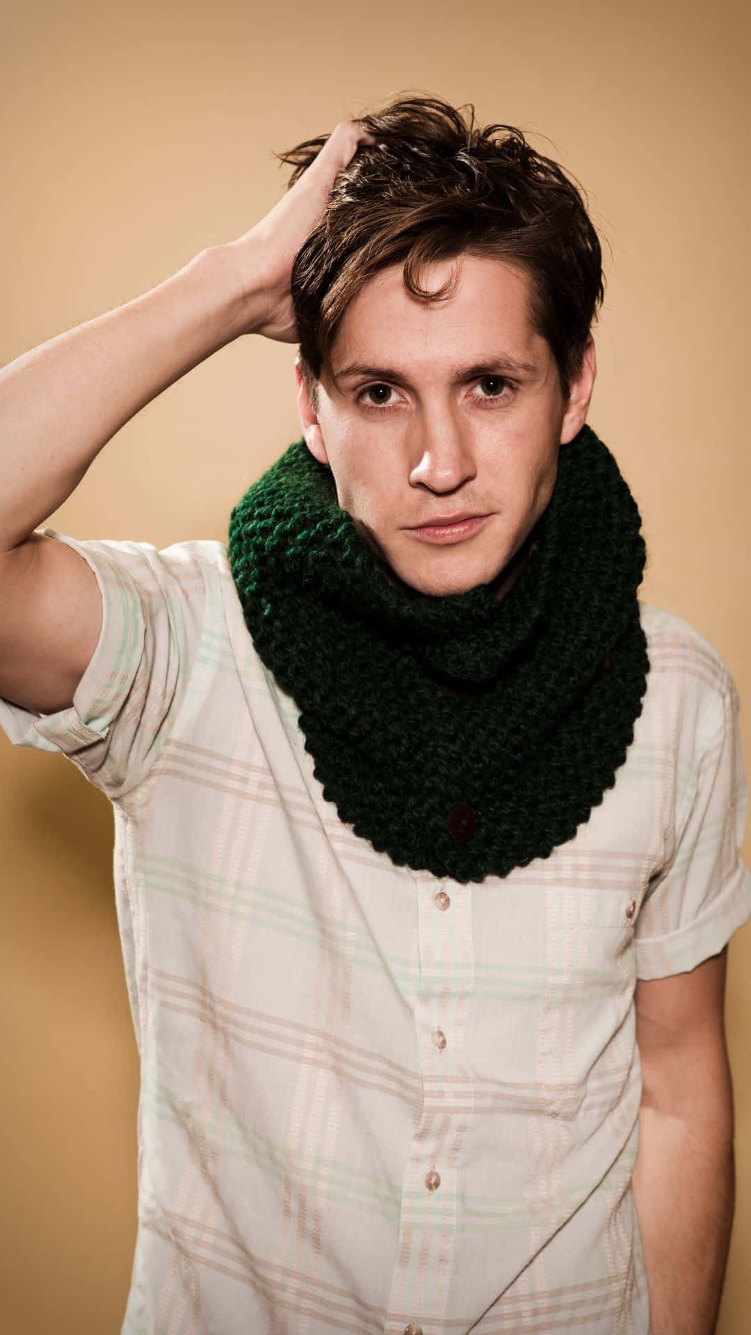 tousled hair, chunky green knit cowl, plaid shirt, Full HD Phone Wallpaper