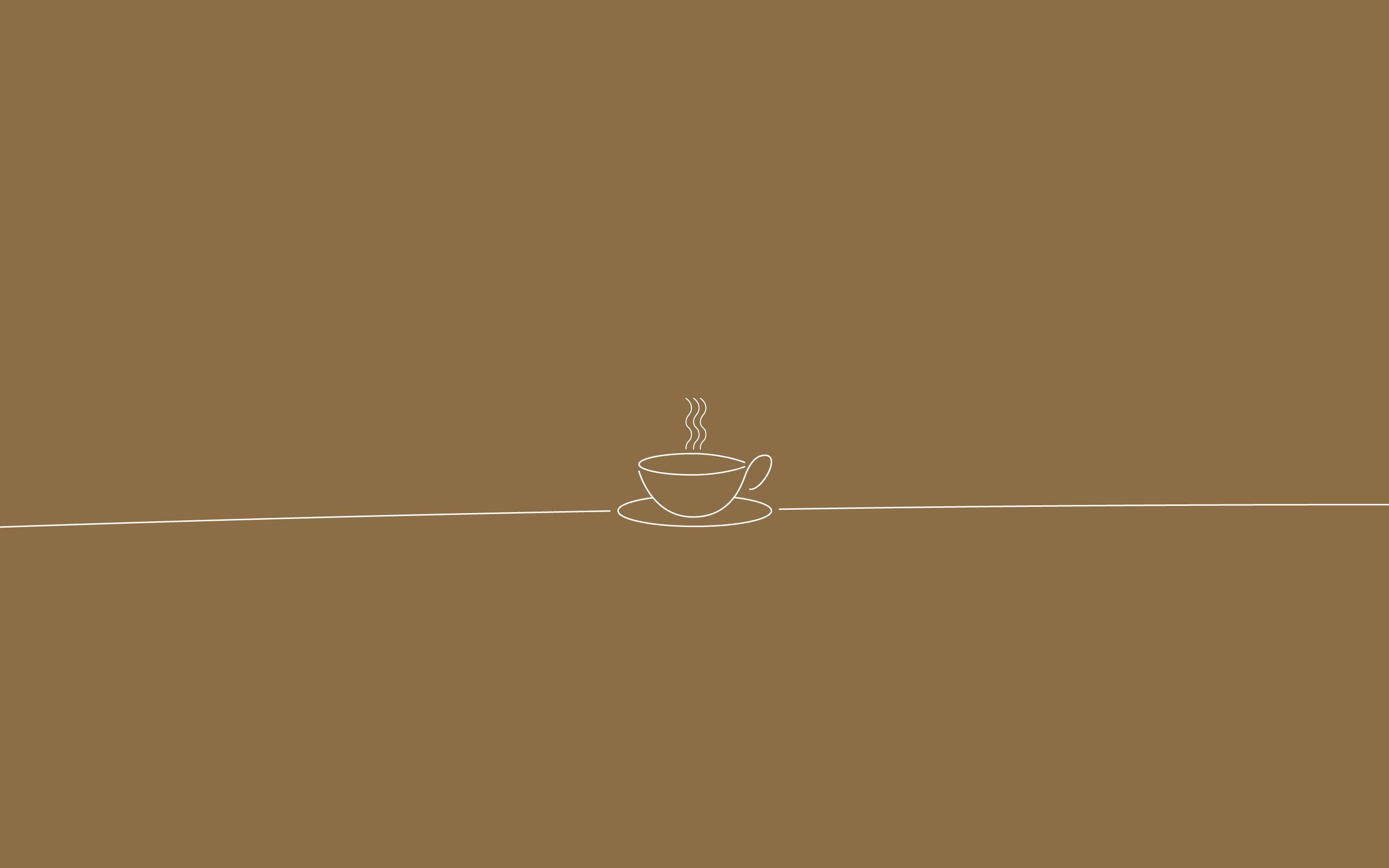 Aesthetic Brown, minimalist white line drawing, steaming coffee cup, 2K Desktop Wallpaper