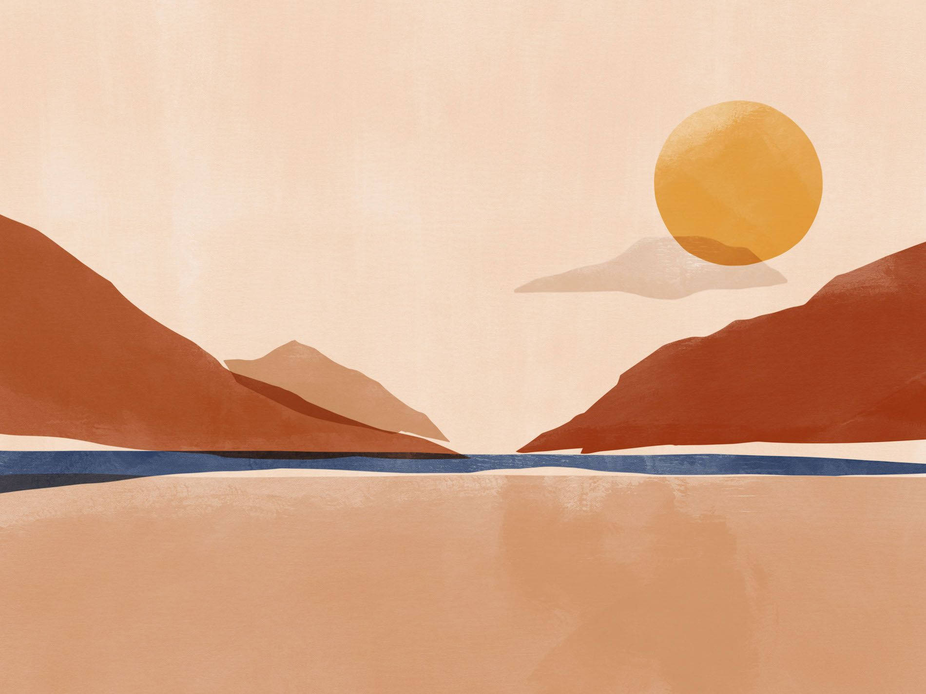 brown aesthetic, watercolor landscape, golden sun, HD Desktop Wallpaper