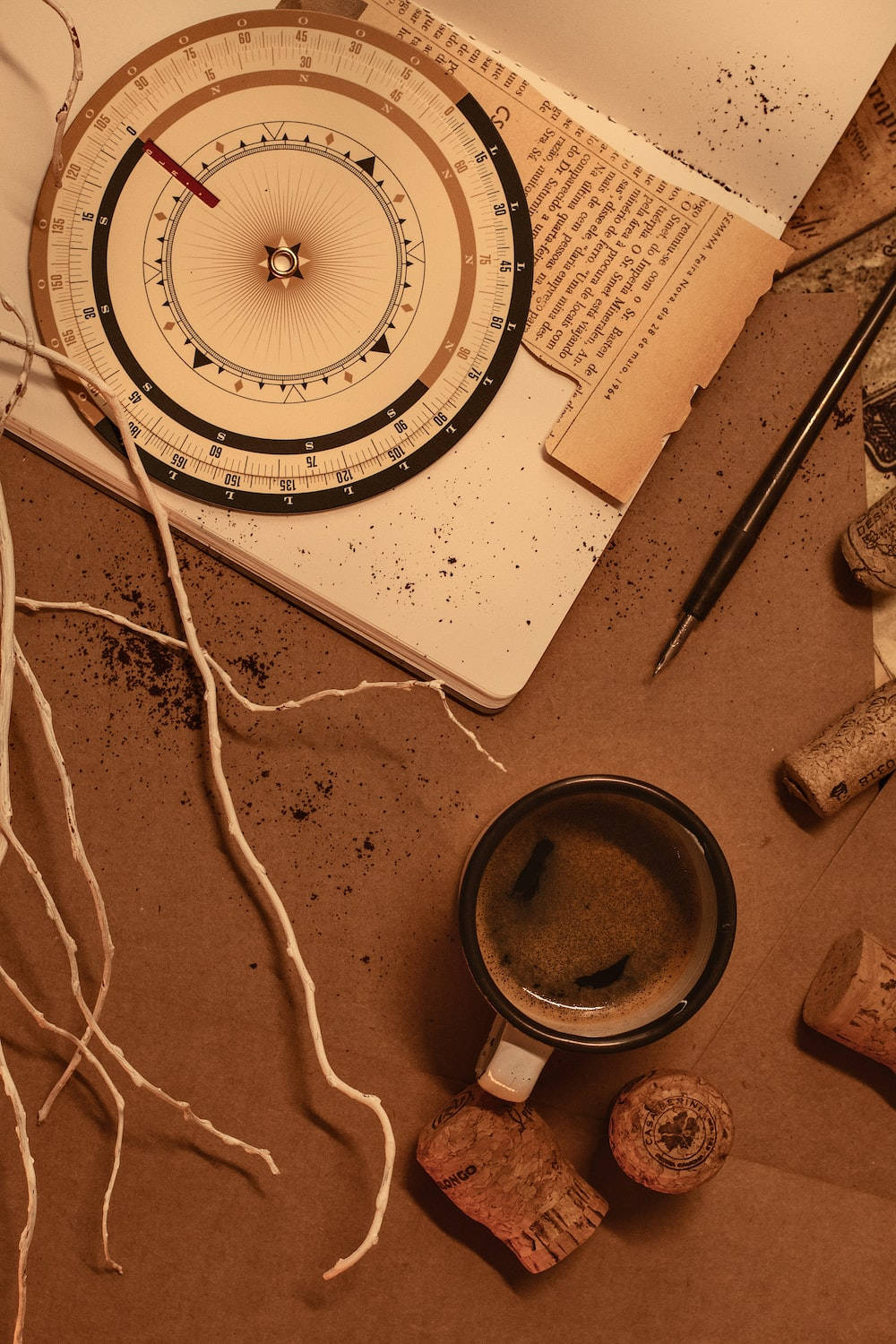 sepia-toned, compass rose notebook, coffee cup, HD Phone Wallpaper