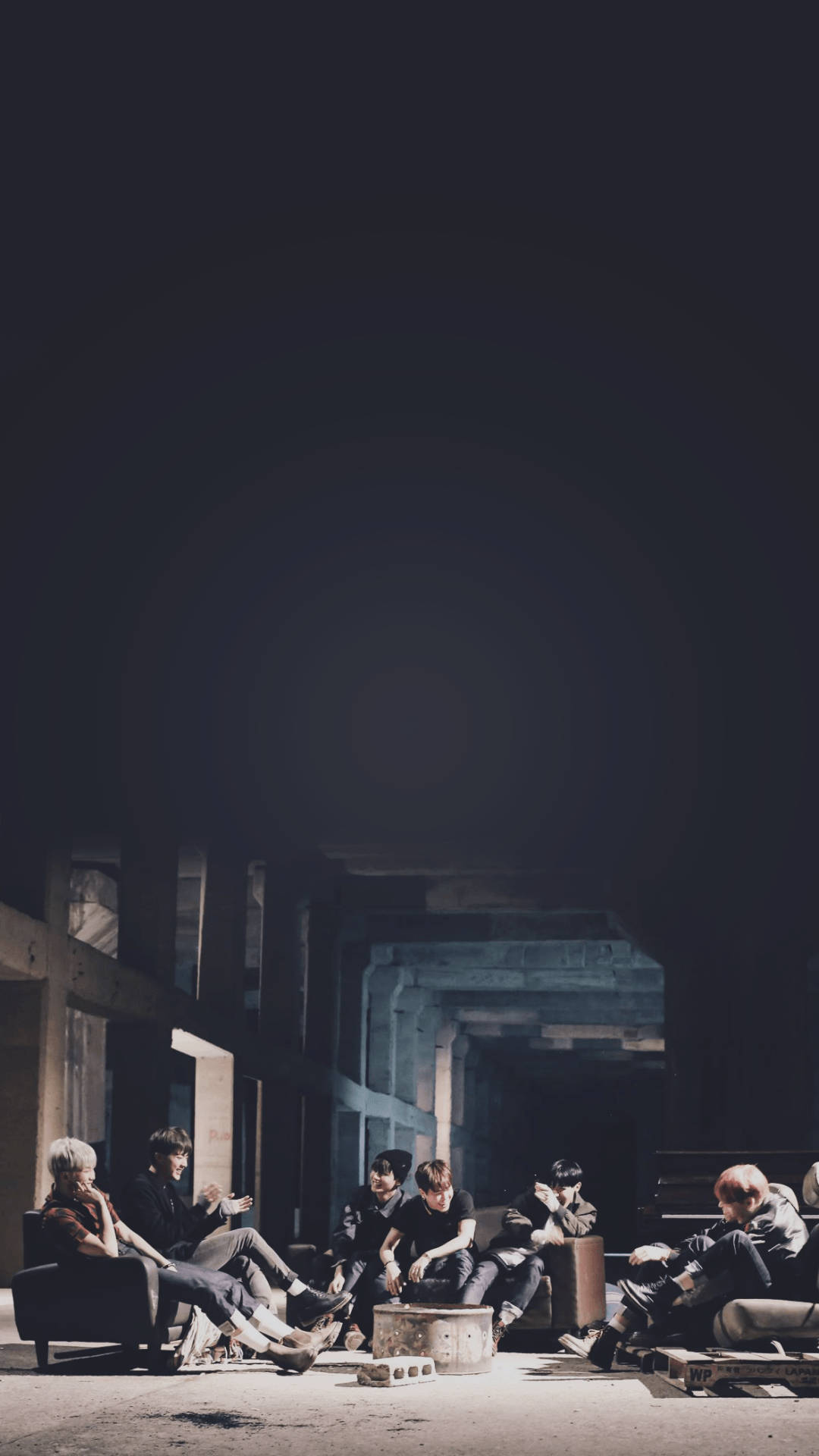BTS, dark clothing, dimly lit abandoned concrete corridor, Full HD Phone Wallpaper