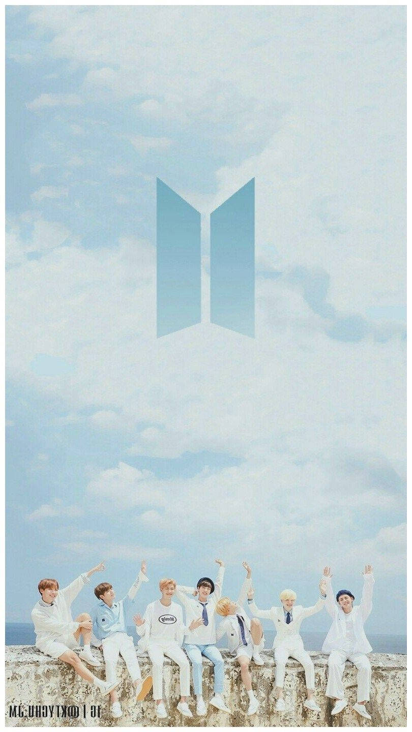 Aesthetic Bts, blue skies logo, white outfits, HD Phone Wallpaper