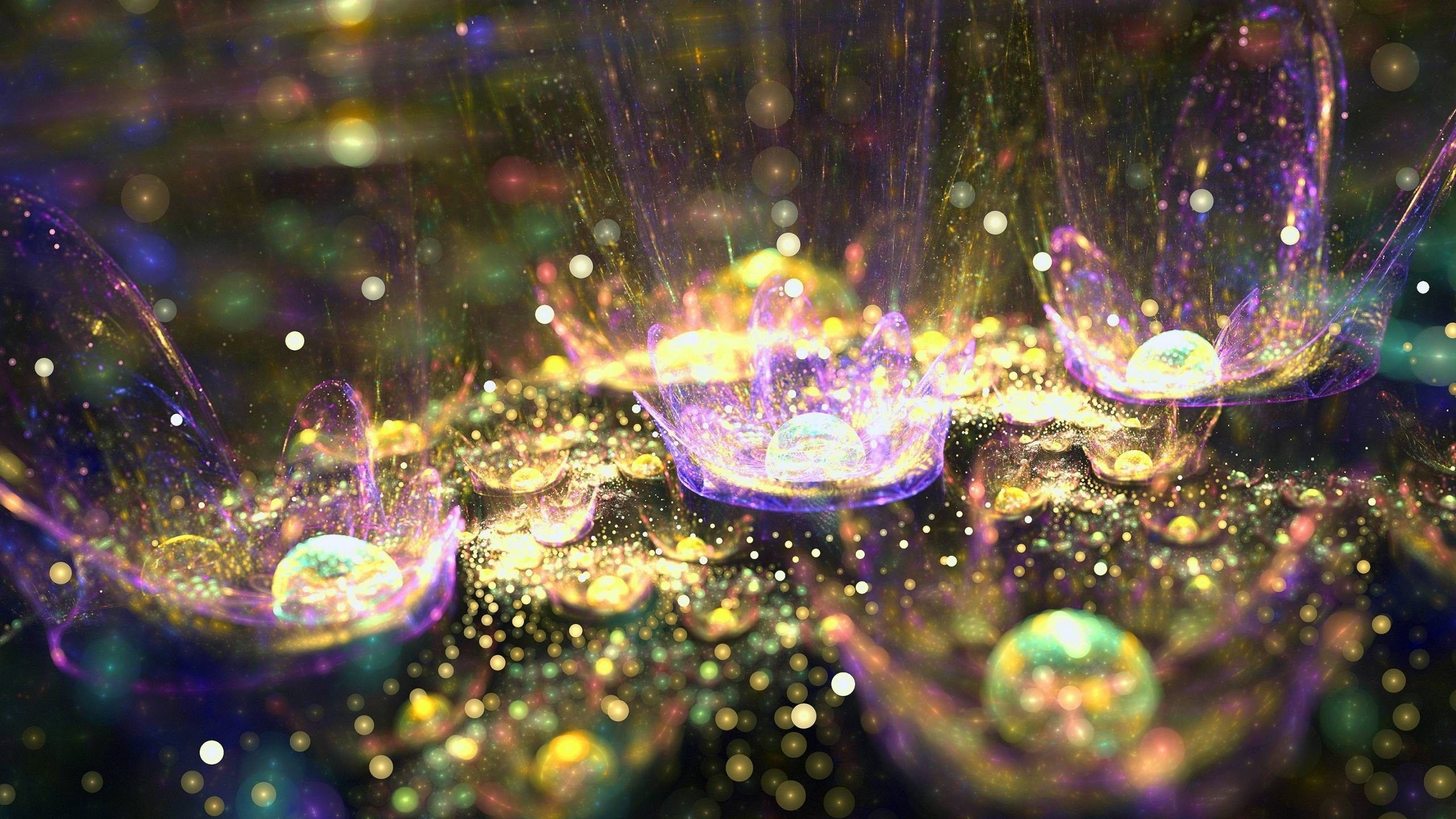 Sparkly And Gleaming Bubbles, glowing purple, gold crystalline structures, 2K Desktop Wallpaper