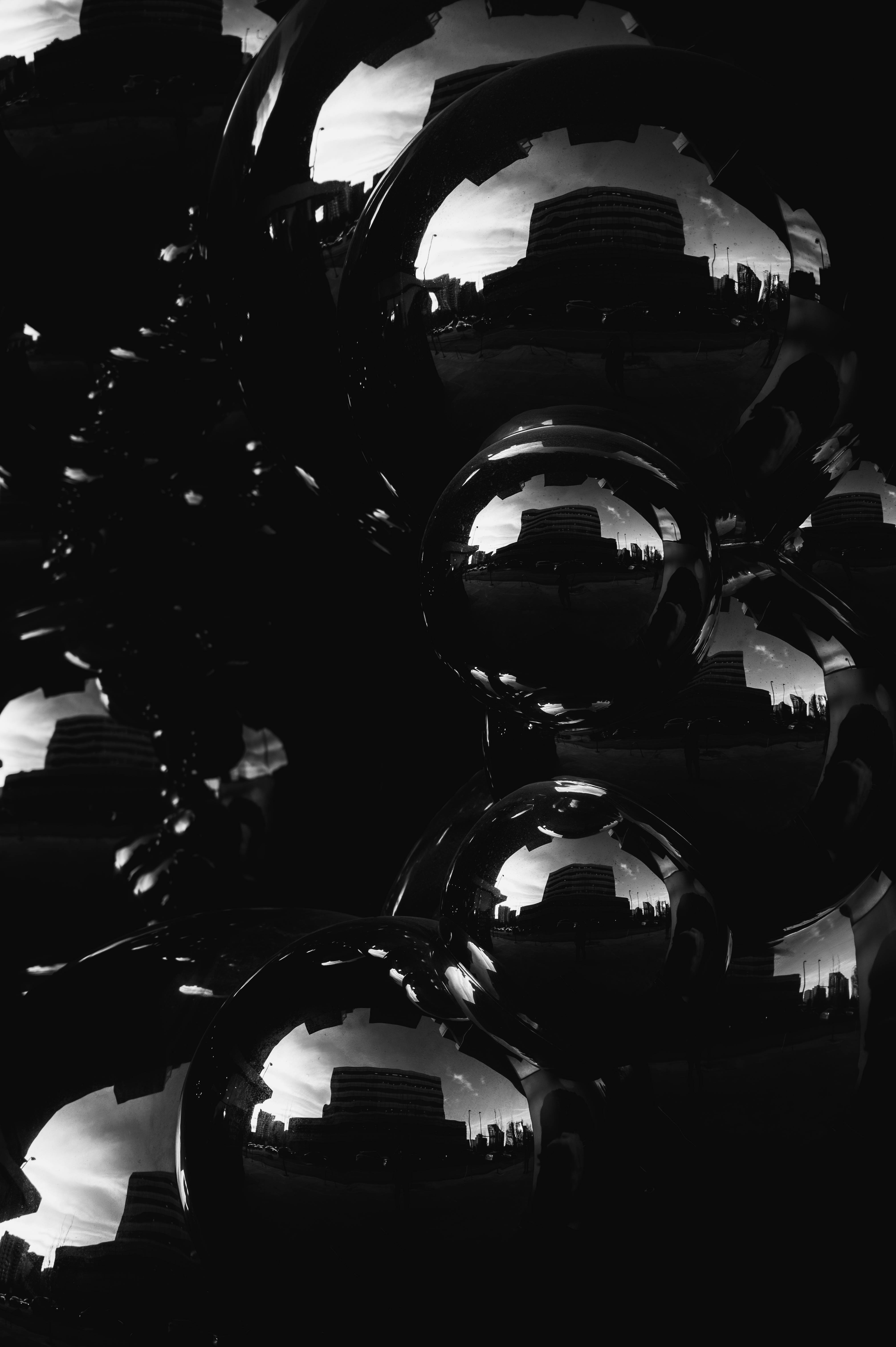 black, white, reflective chrome spheres, 5K Phone Wallpaper