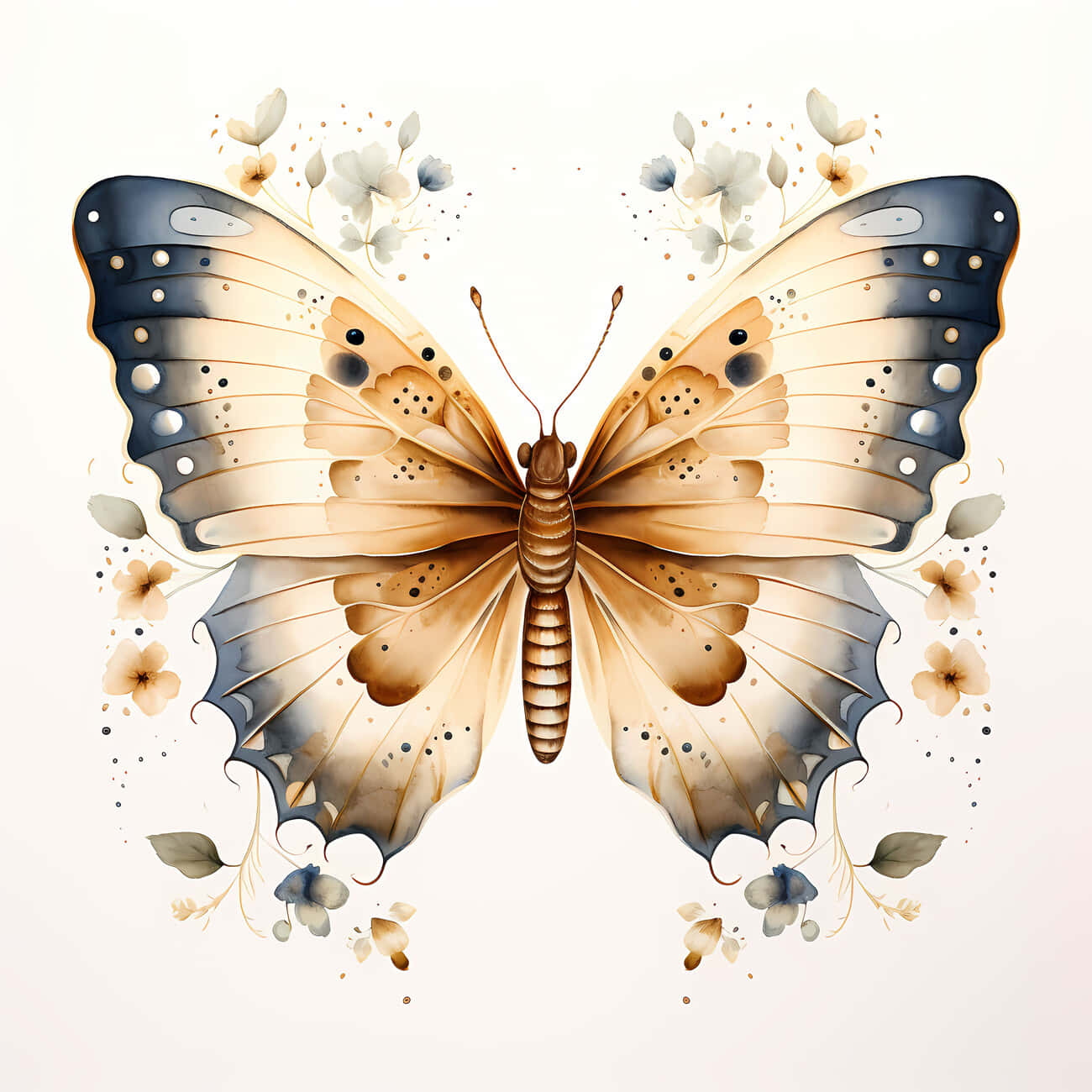 elegant beige butterfly, cream and navy wings, dots and floral patterns, HD Desktop Wallpaper