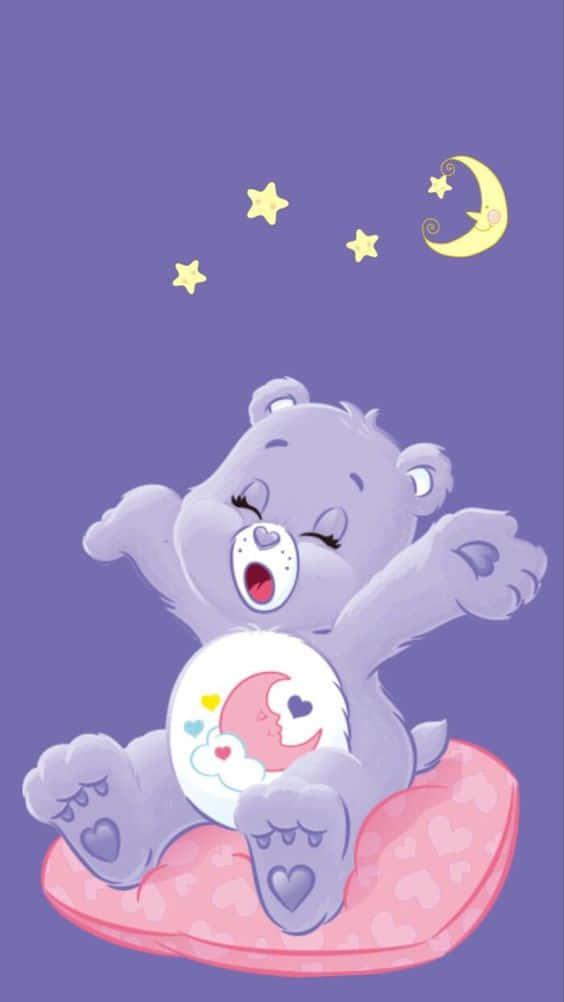Aesthetic Care Bear, purple Care Bear, pink heart-patterned pillow, SD Phone Wallpaper