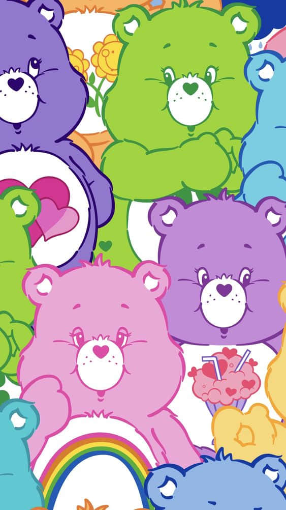 Aesthetic Care Bear, colorful bears, heart motifs, SD Phone Wallpaper