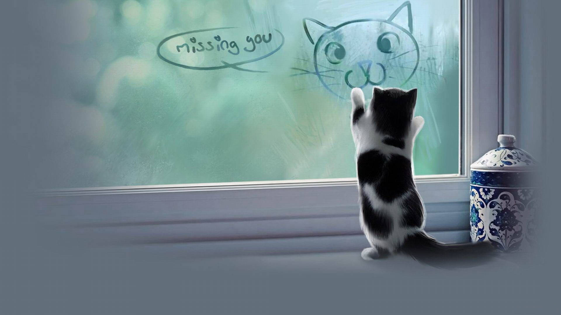 black and white kitten, windowsill, chalk drawing of a cat, Full HD Desktop Wallpaper