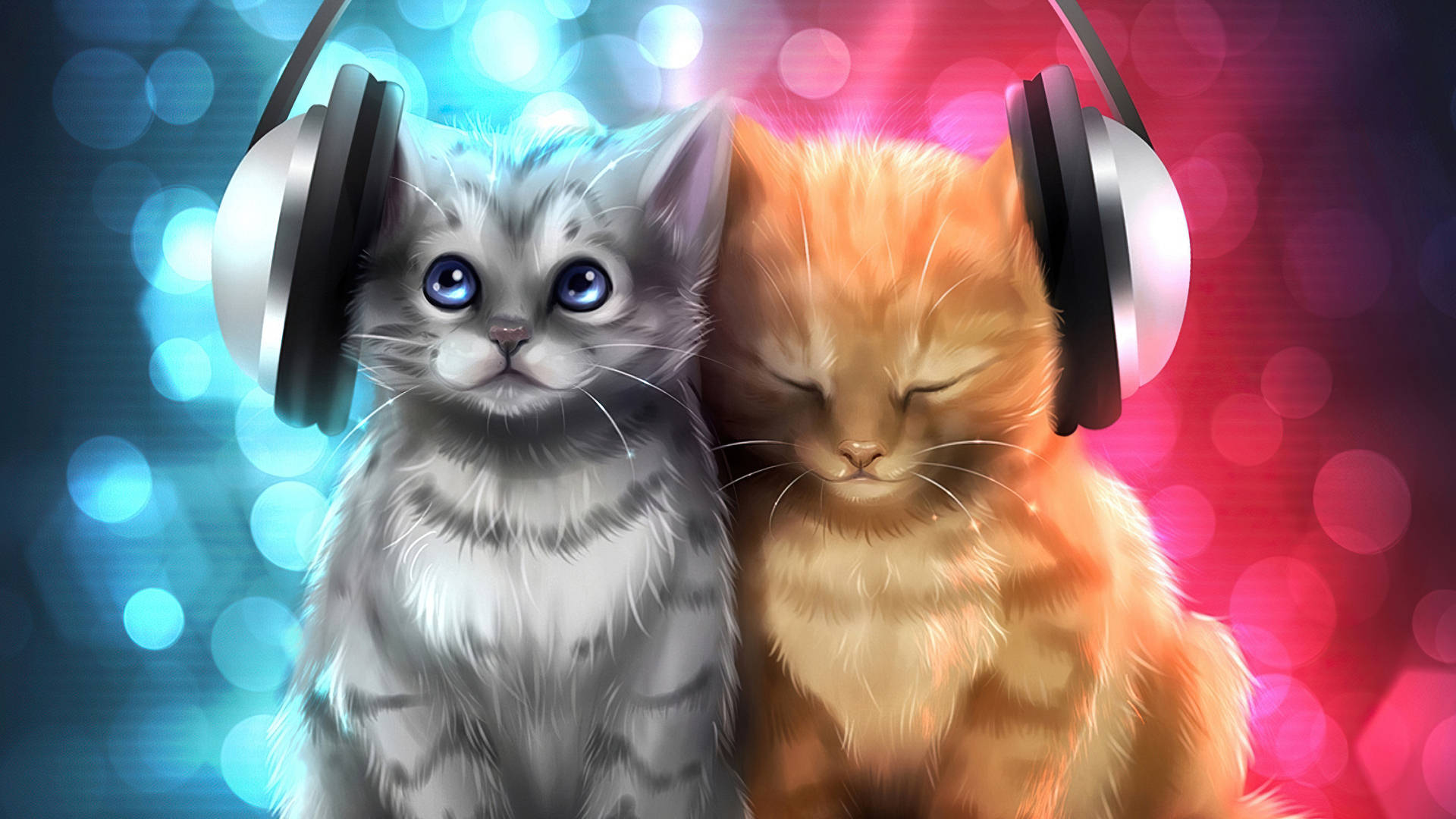 aesthetic cats, headphones, blue and pink lights, Full HD Desktop Wallpaper