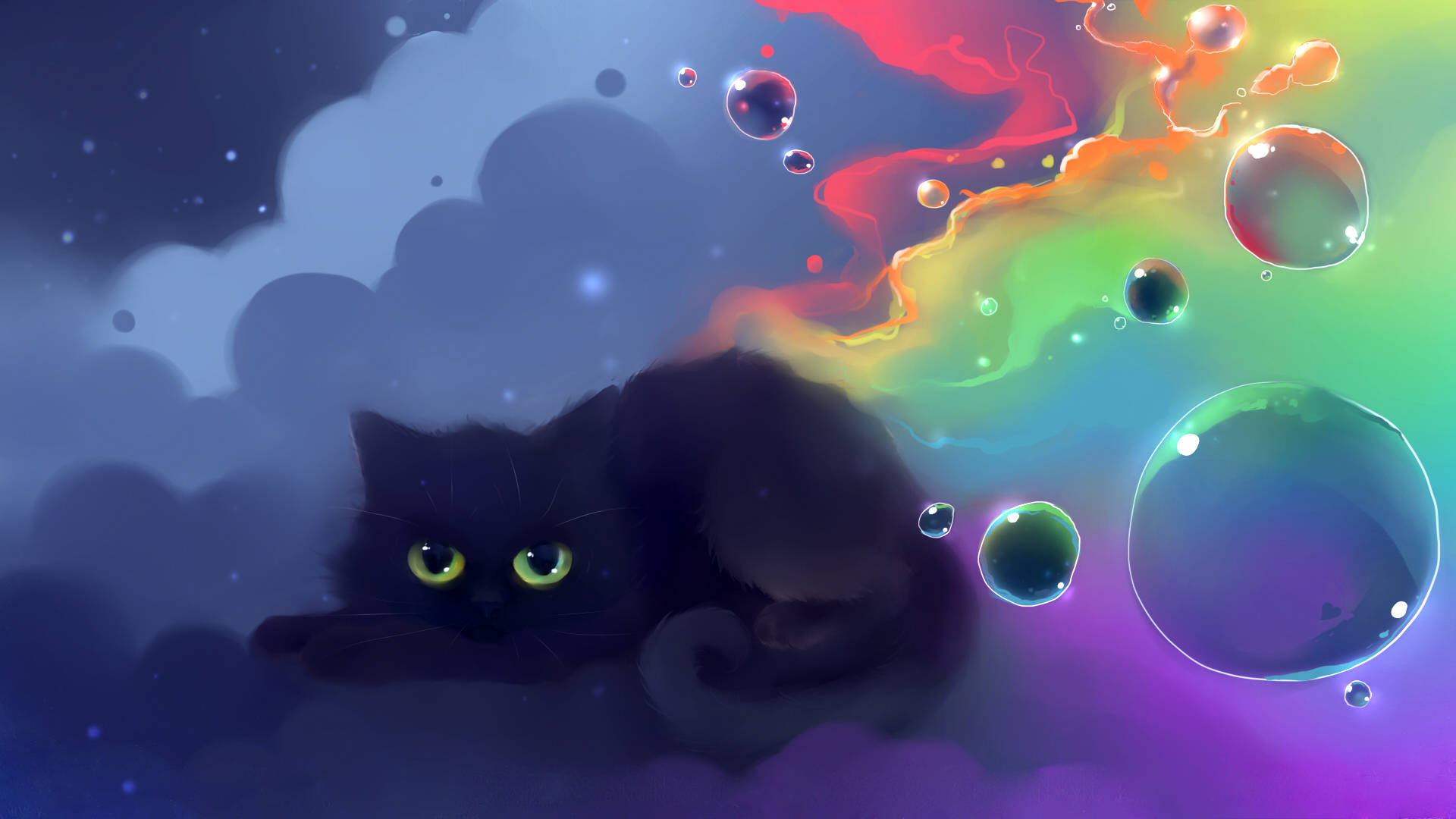 aesthetic cat, black cat, glowing eyes, Full HD Desktop Wallpaper