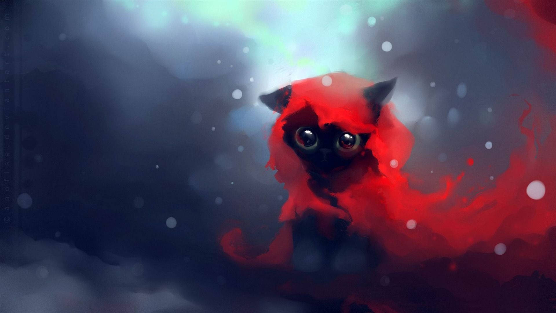 red hooded kitten, glowing red cat, large eyes, Full HD Desktop Wallpaper