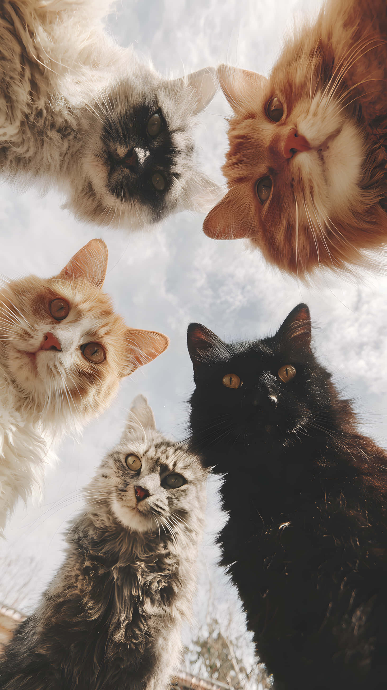 five fluffy cats, varied fur colors, bright sky, 2K Phone Wallpaper