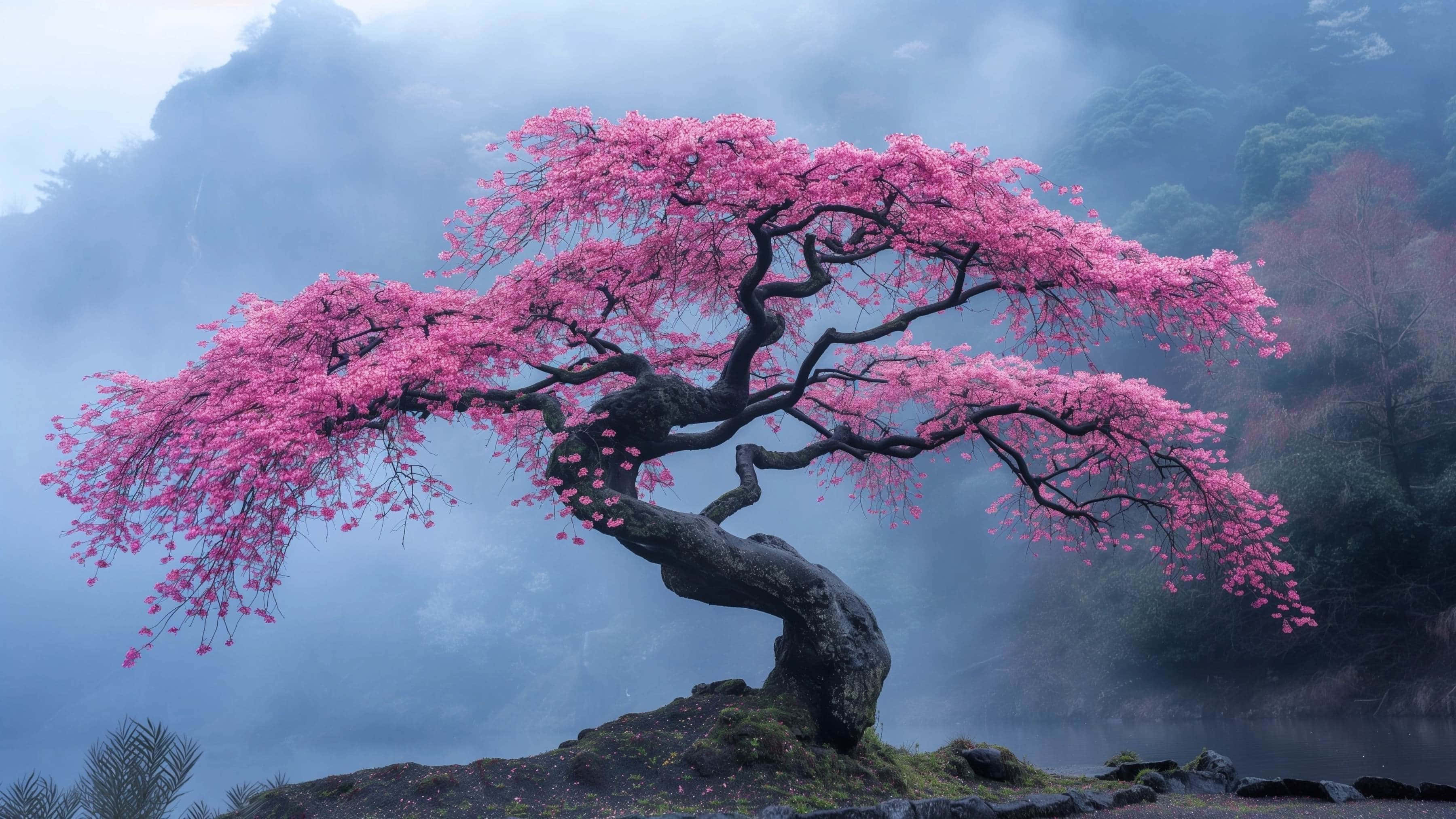 Misty Cherry Blossom Tree4 K, cherry blossom tree, vibrant pink flowers, 2K Desktop Wallpaper