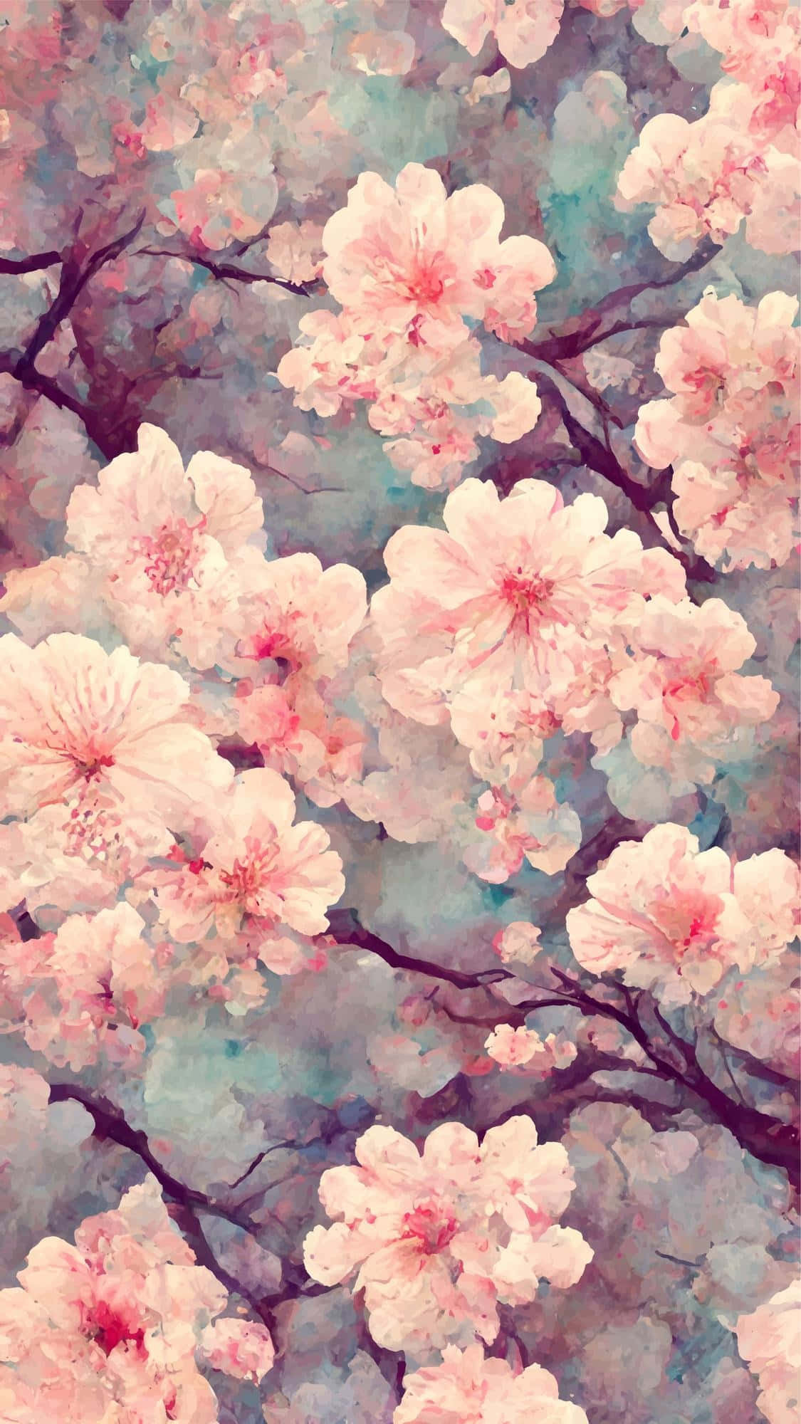 Aesthetic Cherry Blossom, soft watercolor blossoms, dark branches, Full HD Phone Wallpaper
