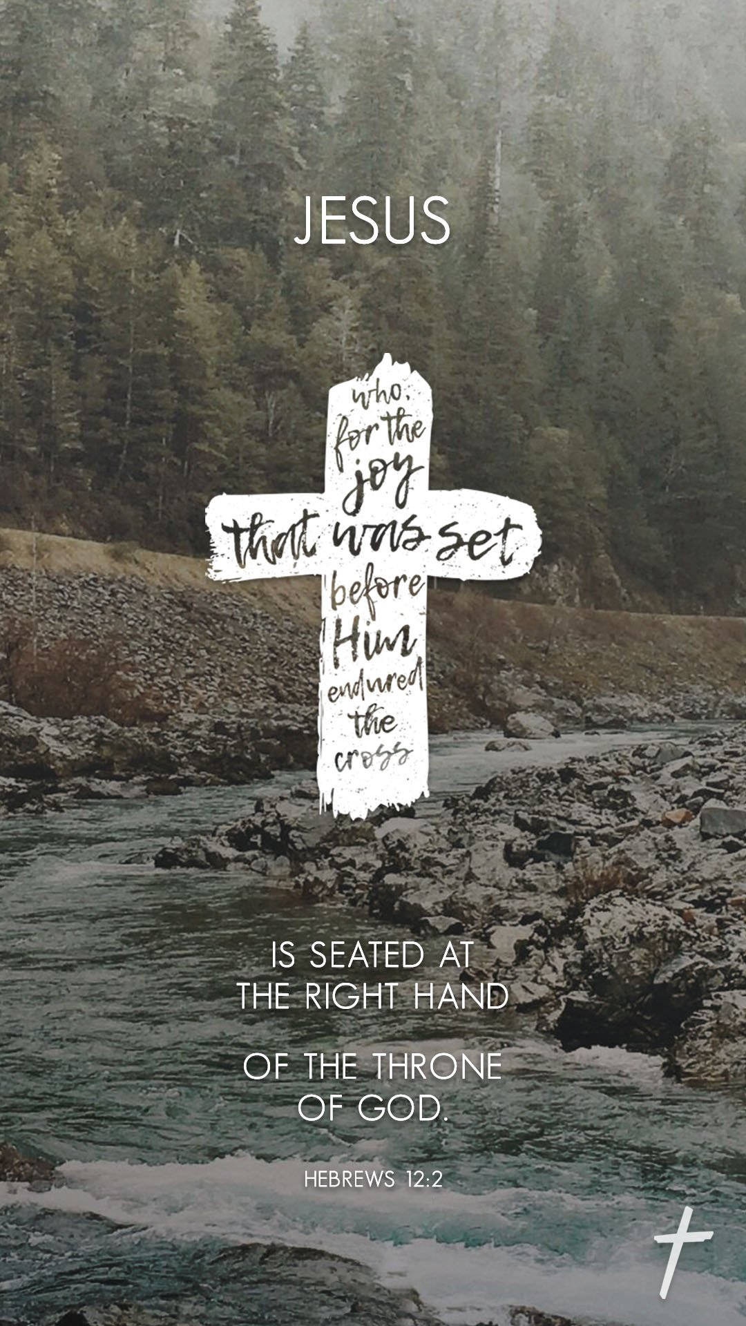 white cross, scripture text, misty river, Full HD Phone Wallpaper