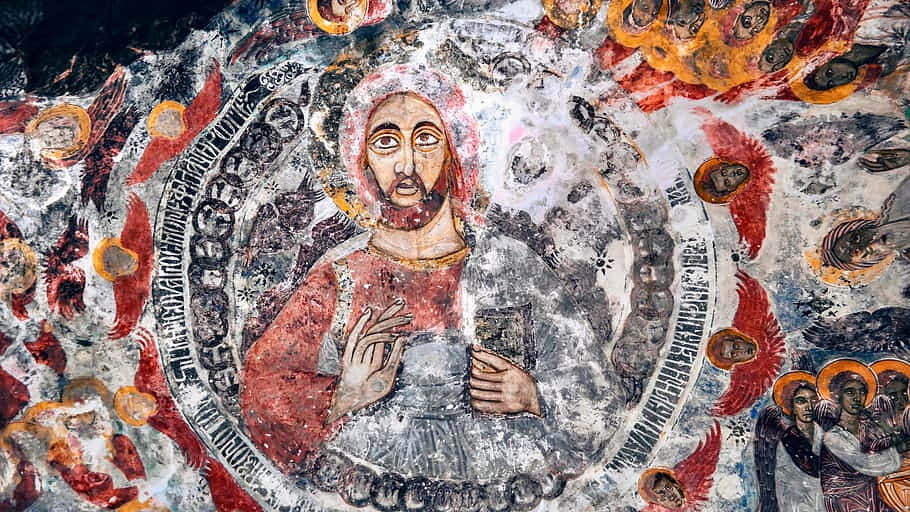 ancient fresco, bearded figure, red and white robes, SD Desktop Wallpaper