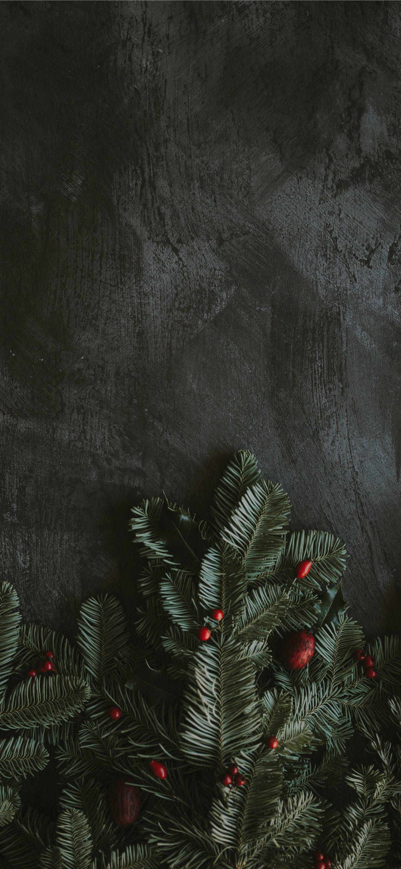 Aesthetic Christmas iPhone, dark textured wall, lush green pine branches, 2K Phone Wallpaper