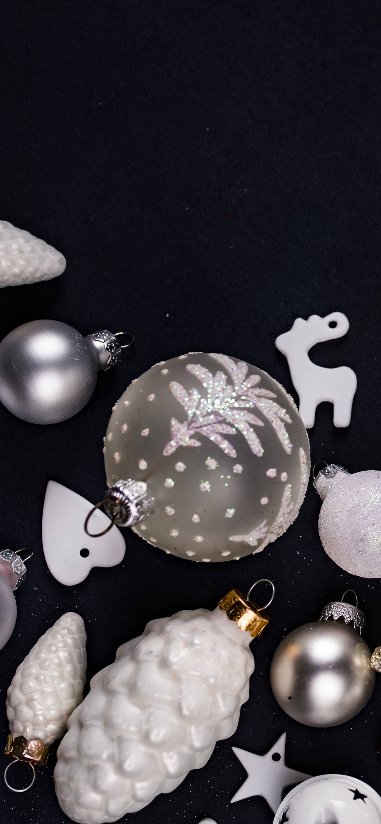 Aesthetic Christmas iPhone, silver balls, white and silver Christmas ornaments, 2K Phone Wallpaper