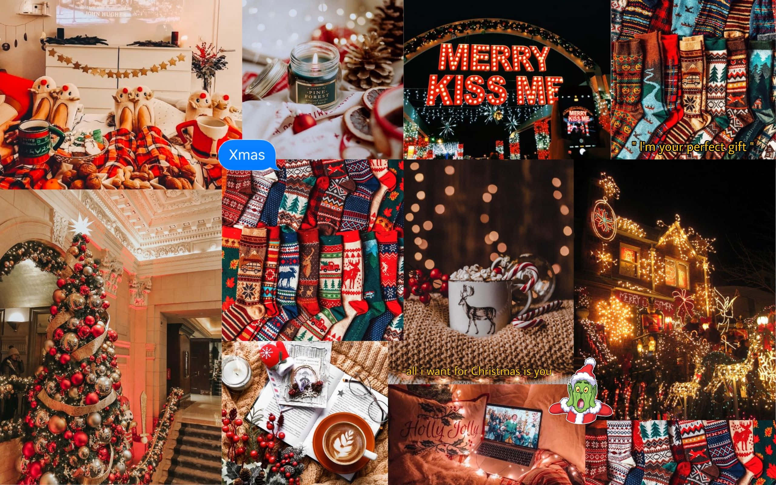 Aesthetic Christmas Laptop, Christmas decorations, stockings, 2K Desktop Wallpaper