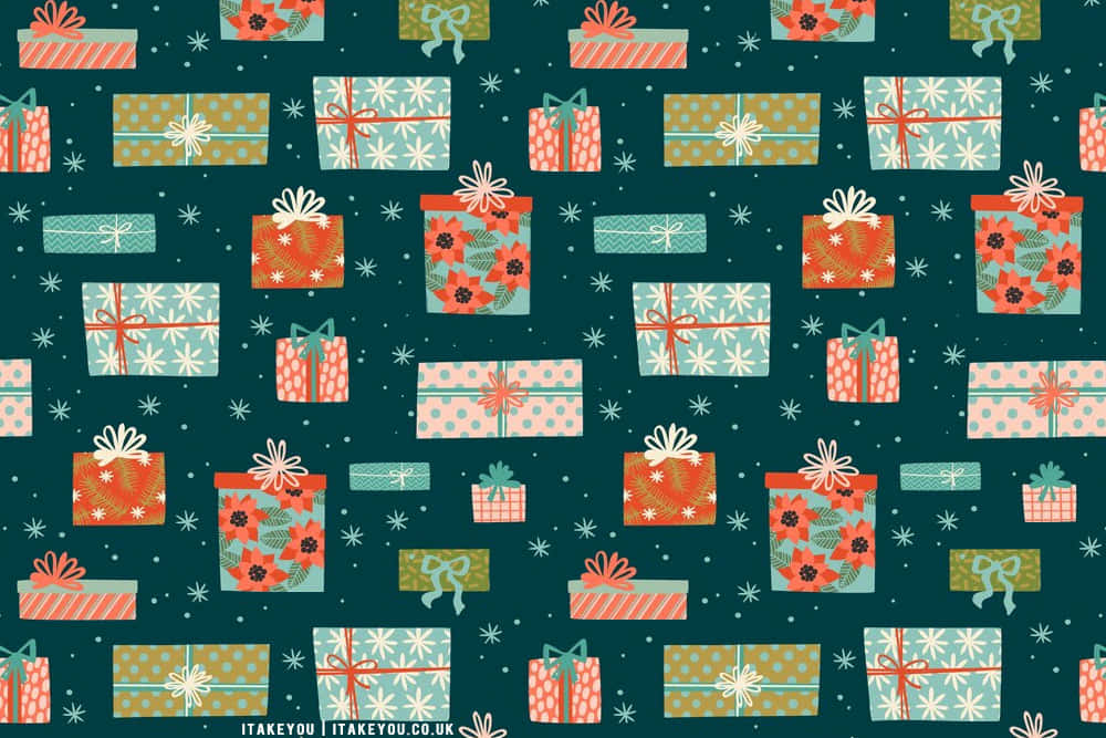 Aesthetic Christmas Laptop, dark teal background, colorful gift boxes, SD Desktop Wallpaper