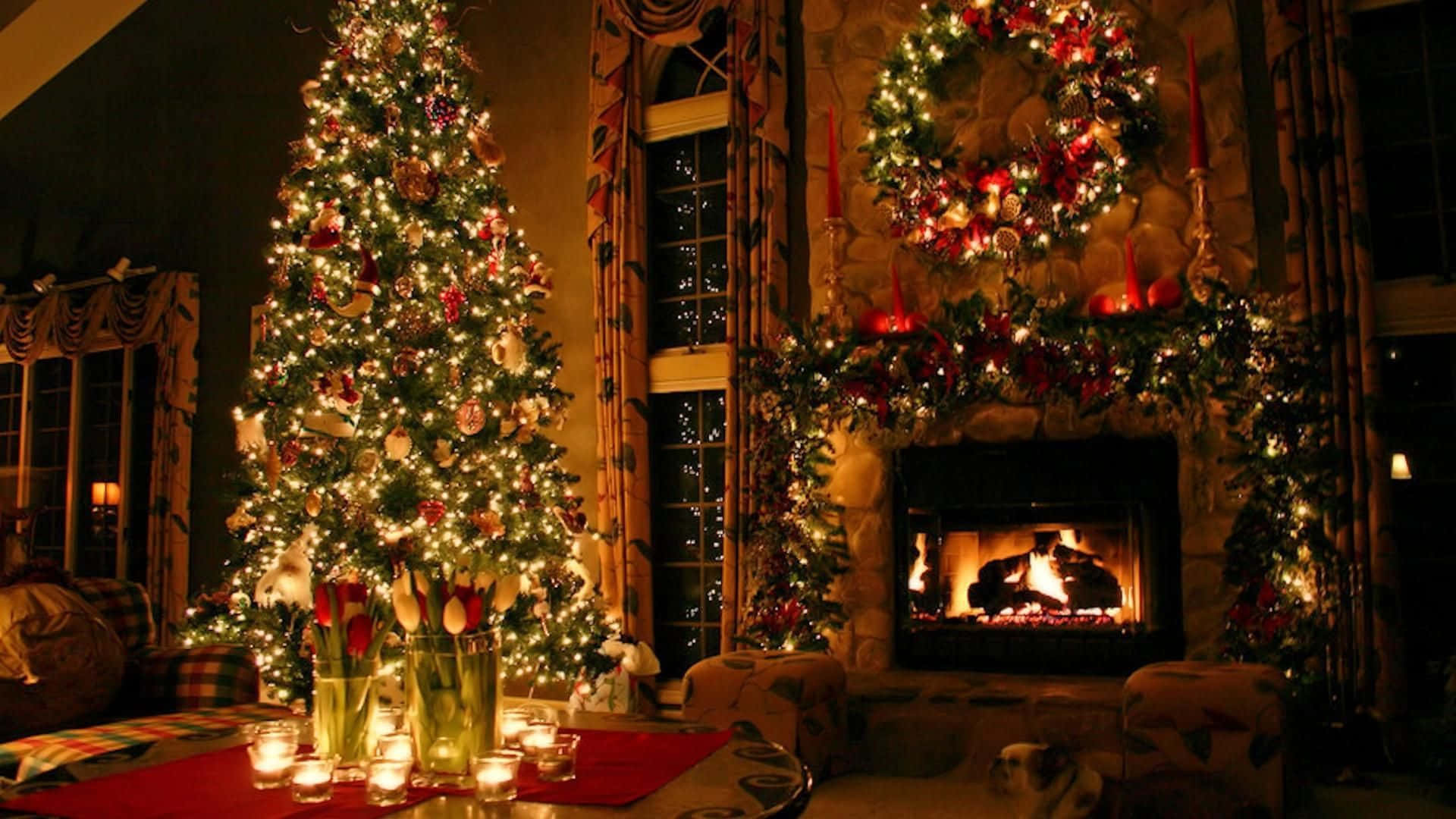 Christmas tree, living room, stone fireplace, Full HD Desktop Wallpaper