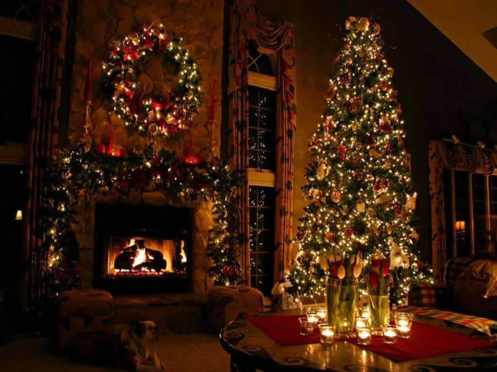 Christmas tree, lit fireplace, stone mantel, SD Desktop Wallpaper