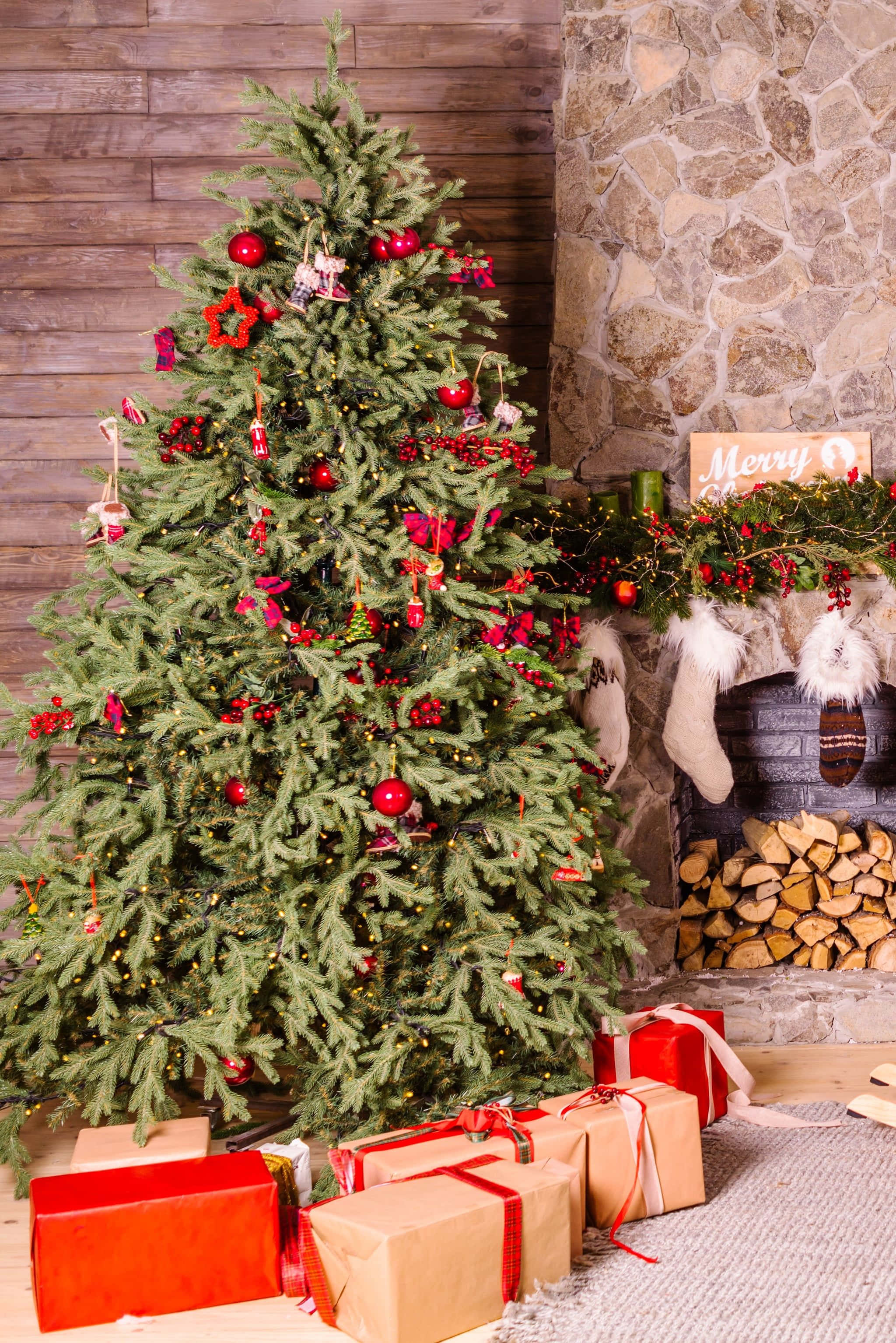 Christmas tree, red ornaments, twinkling lights, 2K Phone Wallpaper