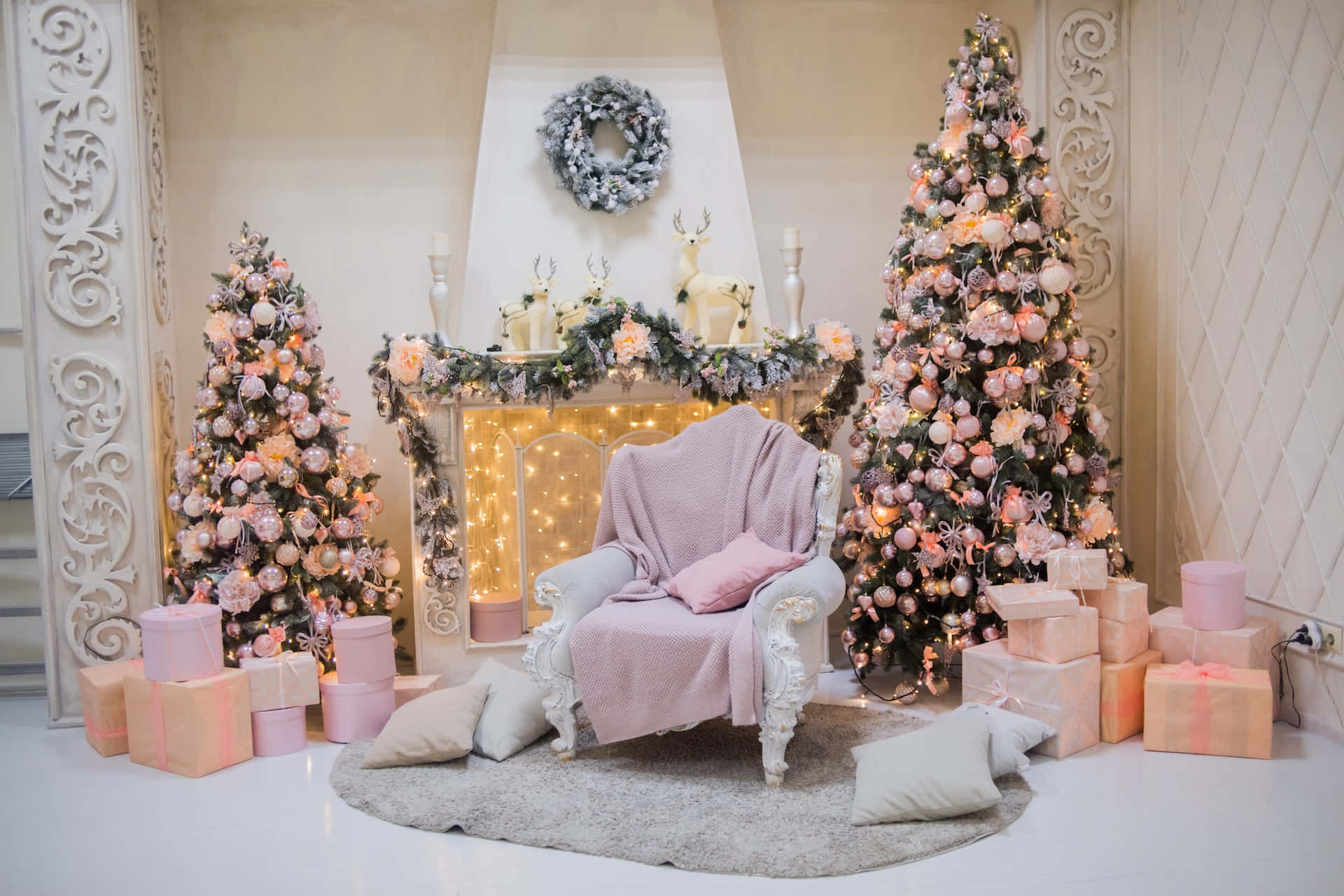 pink, white, ornate trees, Full HD Desktop Wallpaper