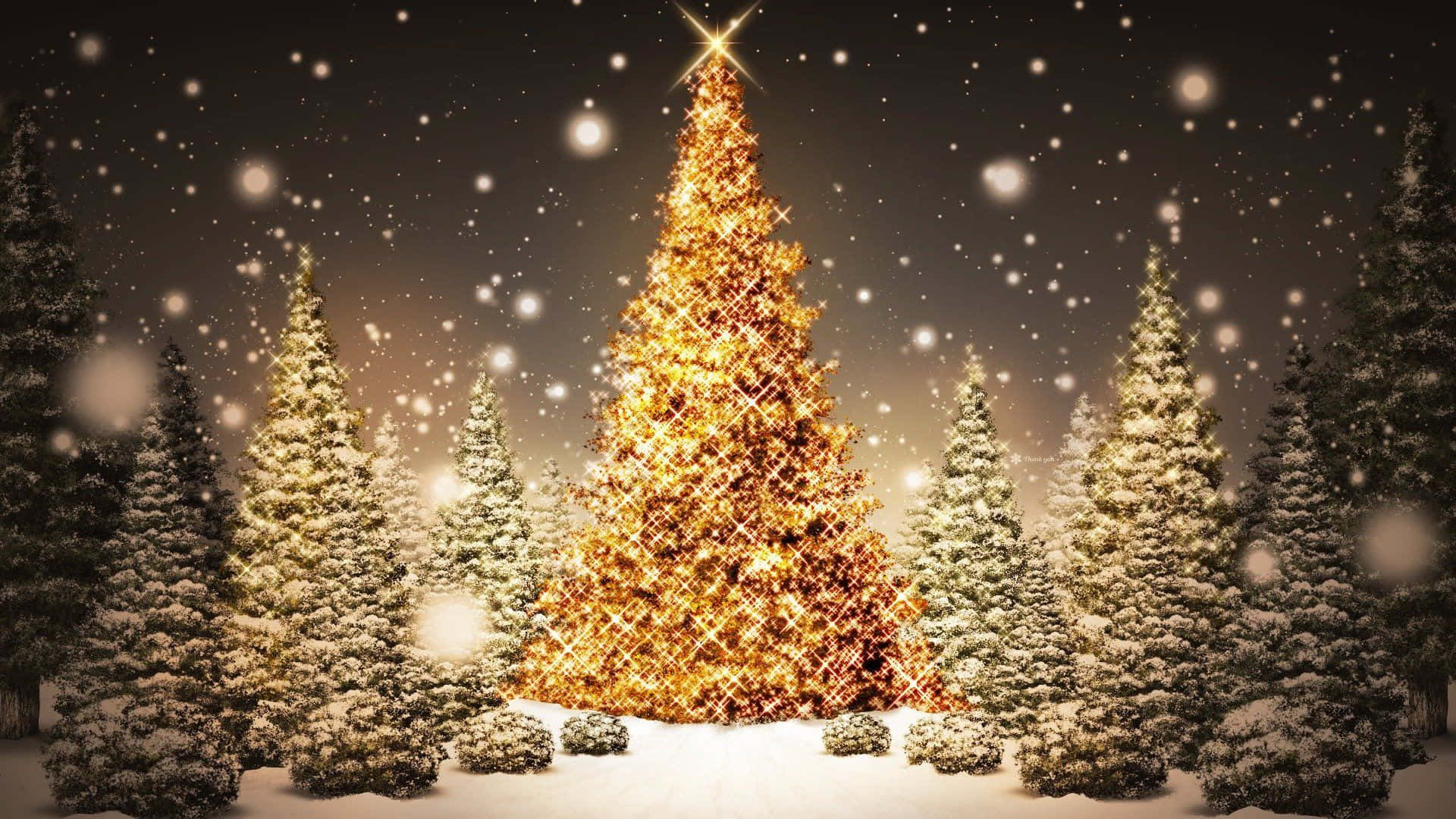 Aesthetic Christmas Tree, golden, falling snow, Full HD Desktop Wallpaper