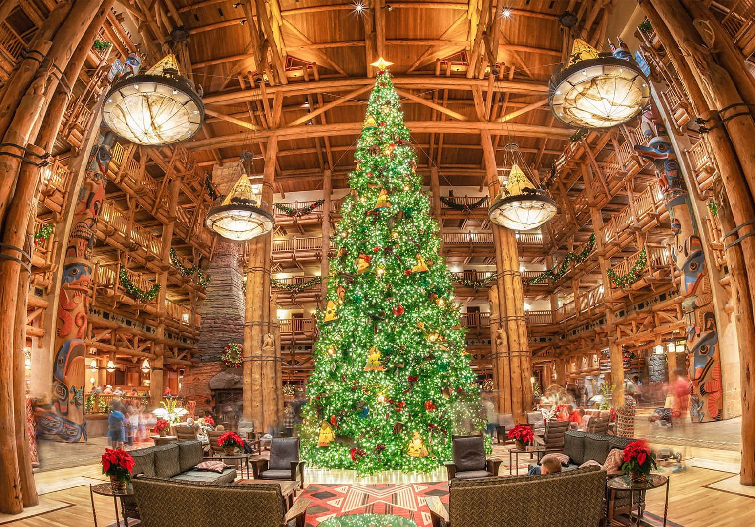 Christmas tree, hotel lobby, grand wooden lodge, HD Desktop Wallpaper