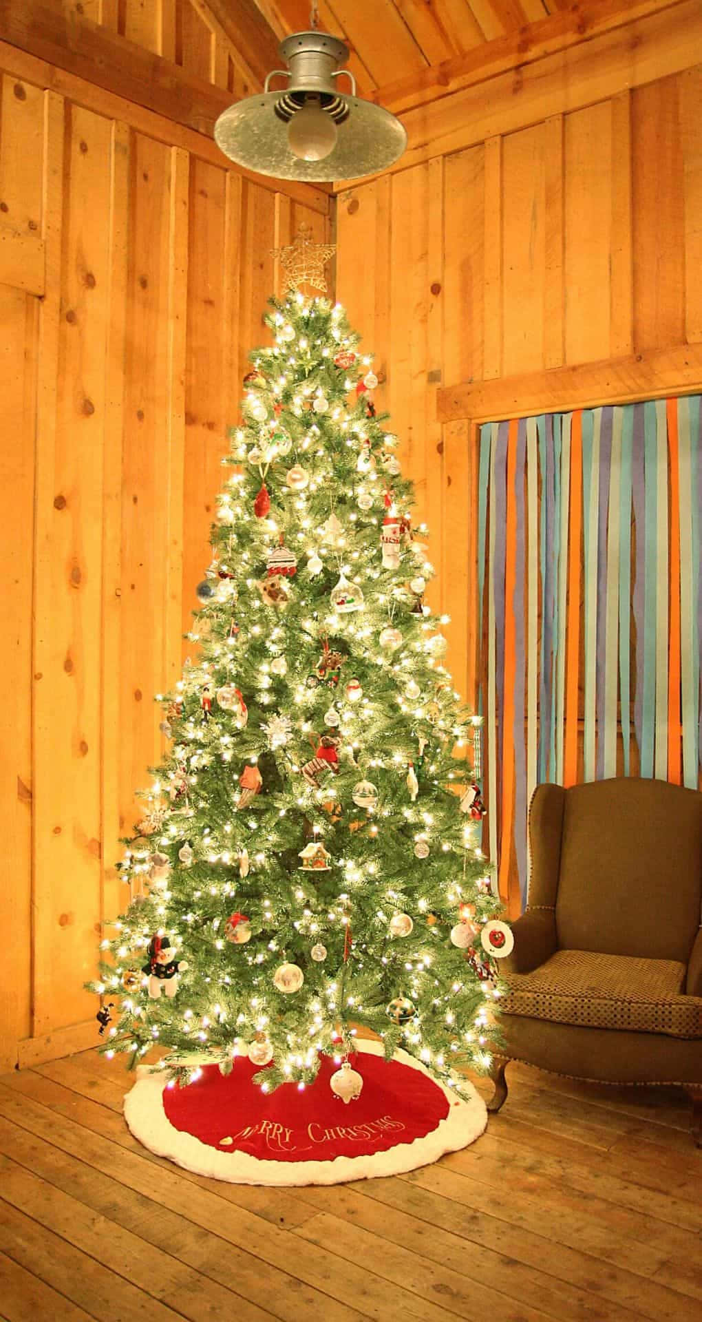 Christmas tree, cozy wooden cabin, chair, Full HD Phone Wallpaper